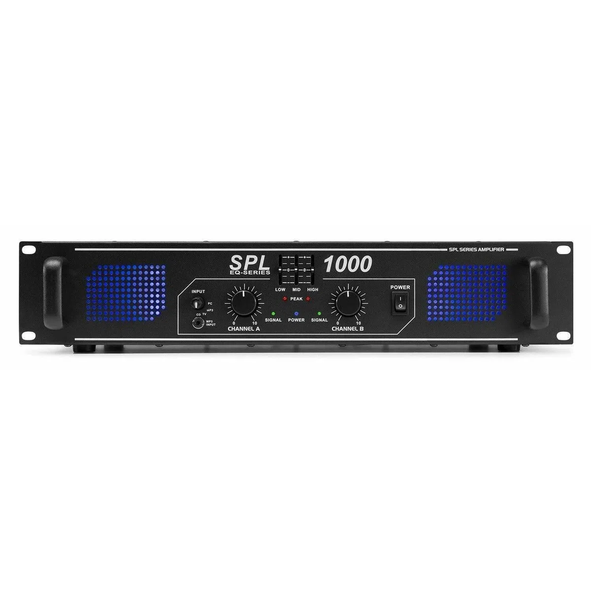 SkyTec SPL1000 PA Verstärker Endstufe 1000 Watt, mit 3-Band-Equalizer, 3 Kanal Input, Chinch, AUX, ideal für DJ Boxen, Clubs, Bars und Gastronomie, Schwarz