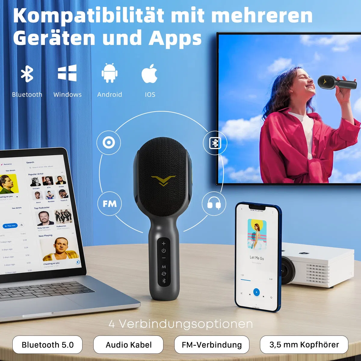 StageSound Karaoke Mikrofon mit Bluetooth, Handmikrofon mit Vocal-Cancel Funktion, HD-Sound & LED-Lichteffekte, Aufnahmefunktion, FM/AUX Verbindung, 4 Stimm-Modi, für Erwachsene & Kinder