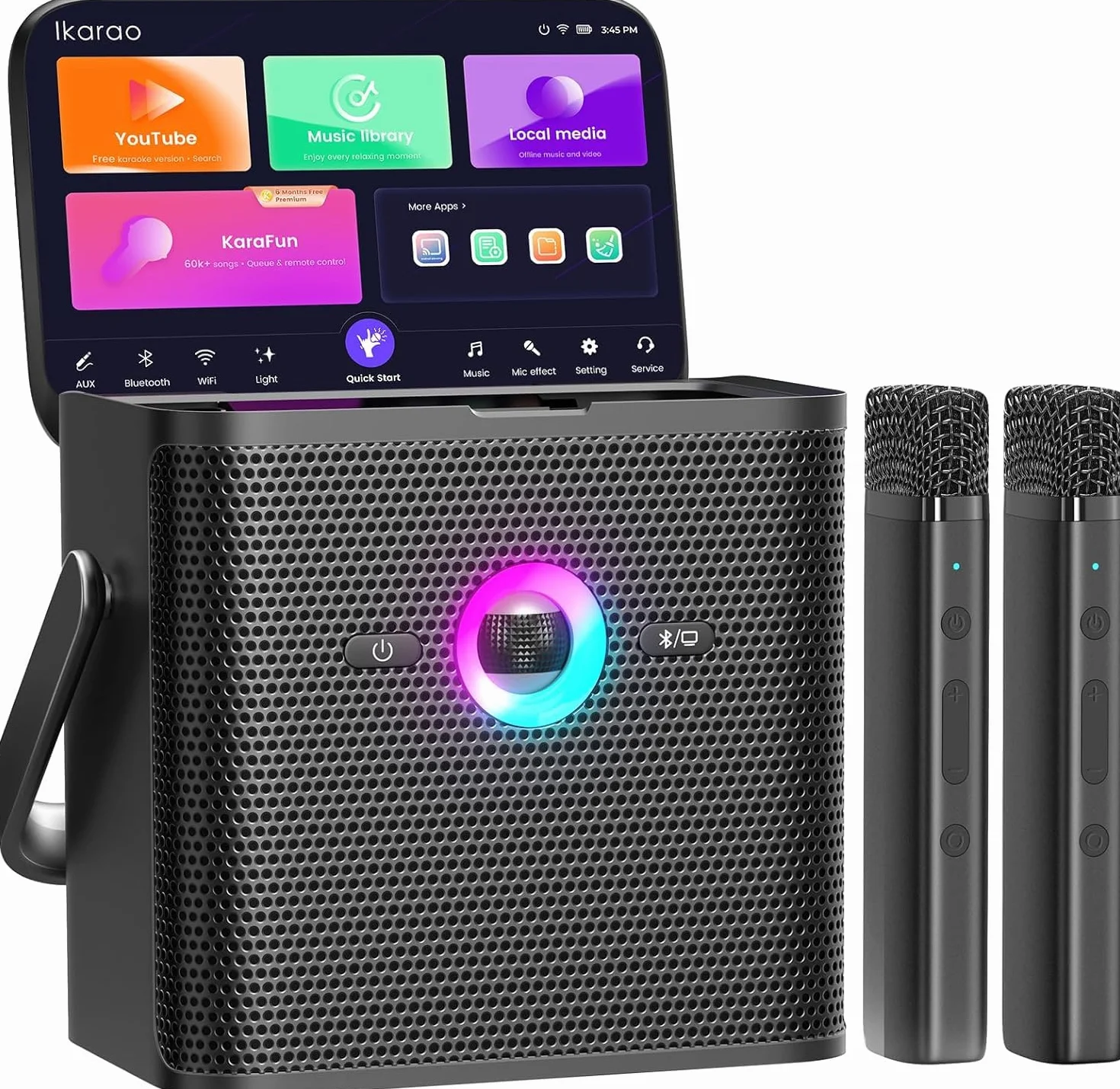 Ikarao Karaoke-Maschine für Erwachsene Kinder, mit Songtext-Display, WiFi-Verbindung zu YouTube & Karaoke-App, 2 EQ Autotune drahtlose Mikrofone, tragbares PA-System für Zuhause, Familie, Party