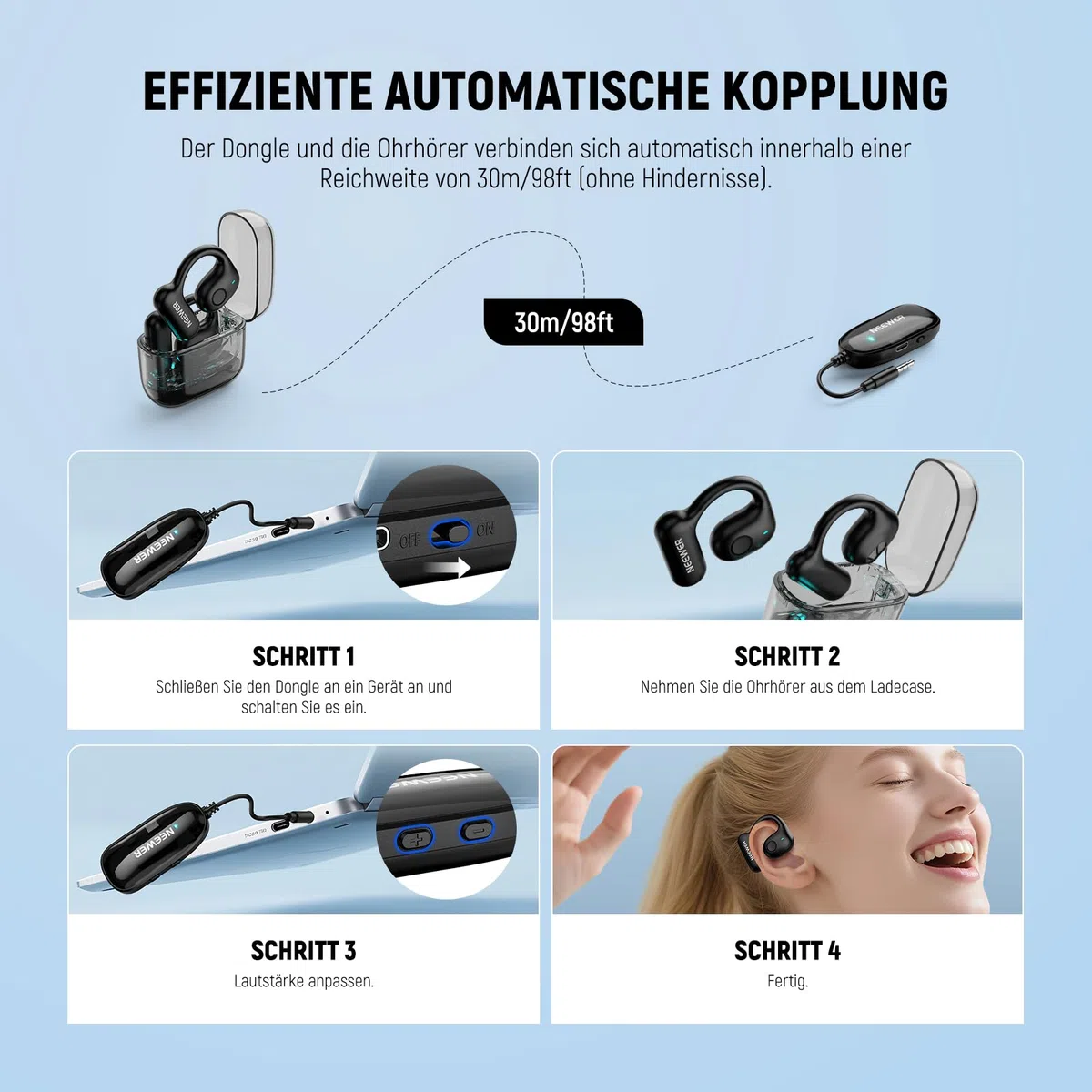 NEEWER EB01 2,4GHz Funkdongle OWS Echtzeit Überwachung ohne Latenz Kopfhörer mit Geräuschunterdrückung Mono Track 30m 24 Std. Ohrhörer für 3,5mm TRS Monitorbuchse Lavalier Mik/TV/Handy/Laptop/PC