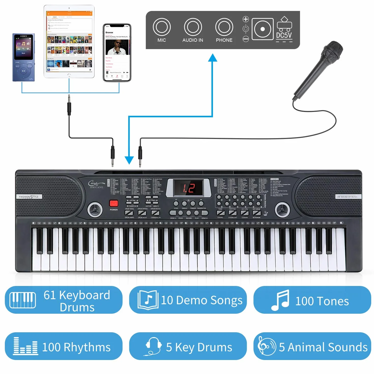 Kinder home-keyboards mit begleitautomatik, 61 Tasten Keyboard Piano mit Mikrofon für Anfänger Jungen Mädchen, elektrisches klavier e Pianos, Schwarz HEP-612S