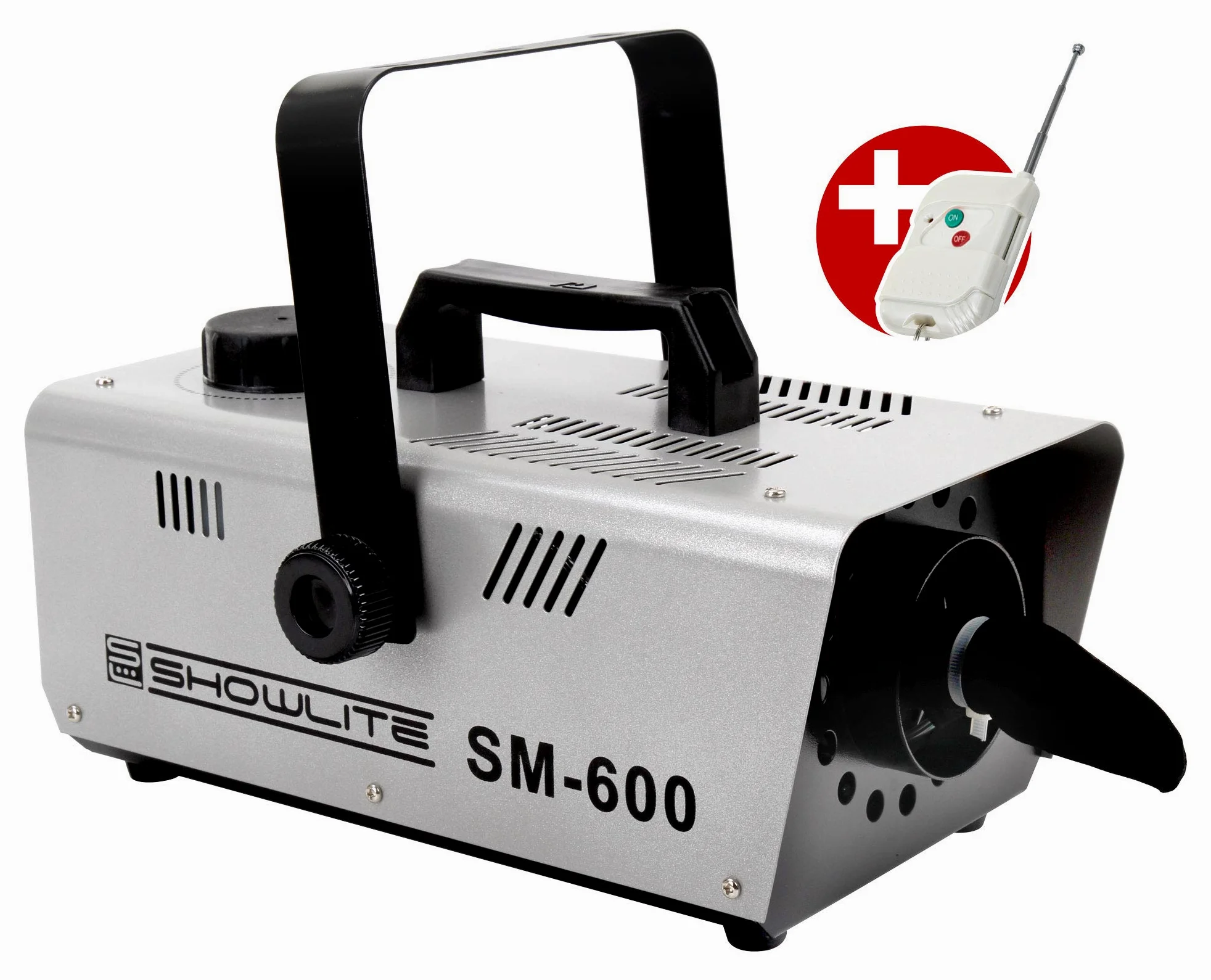 Showlite SM-600 Schneemaschine 600W mit Funk-Fernbedienung (30 m³/min Schneeausstoß, keine Aufwärmzeit, Tankvolumen: 1 Liter, inkl. Hängebügel) silber