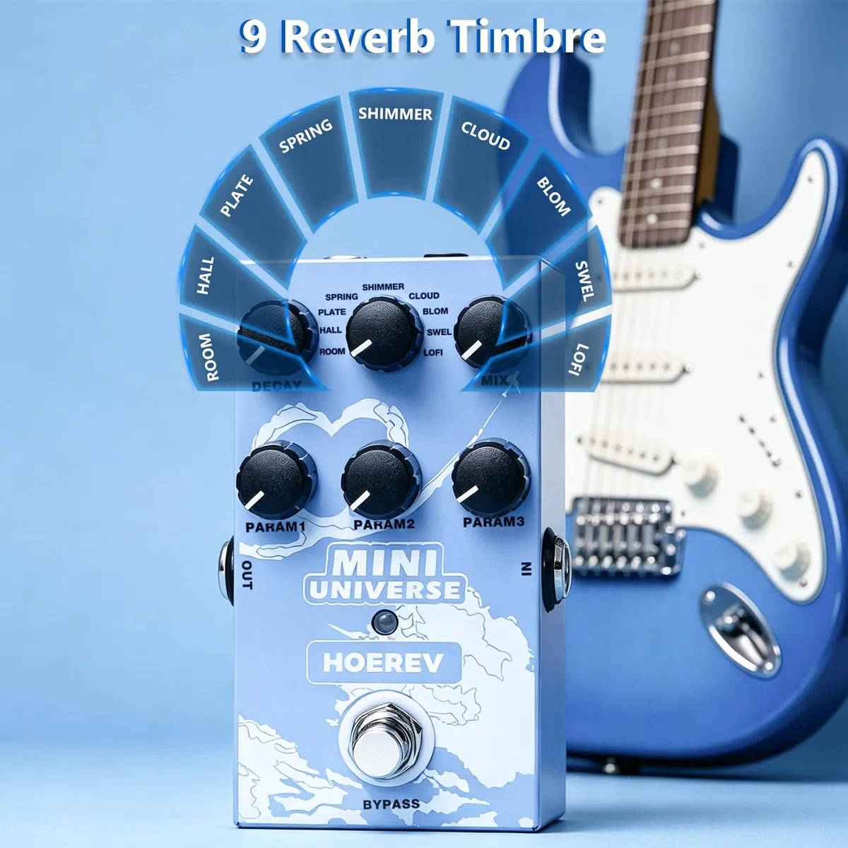 Hoerev Mini Universe Reverb Gitarren Effektpedal, 9 Reverb Effekte, Room/Hall/Plate/Spring/Shimmer/Cloud/Bloom/Swell/Lofi, True Bypass