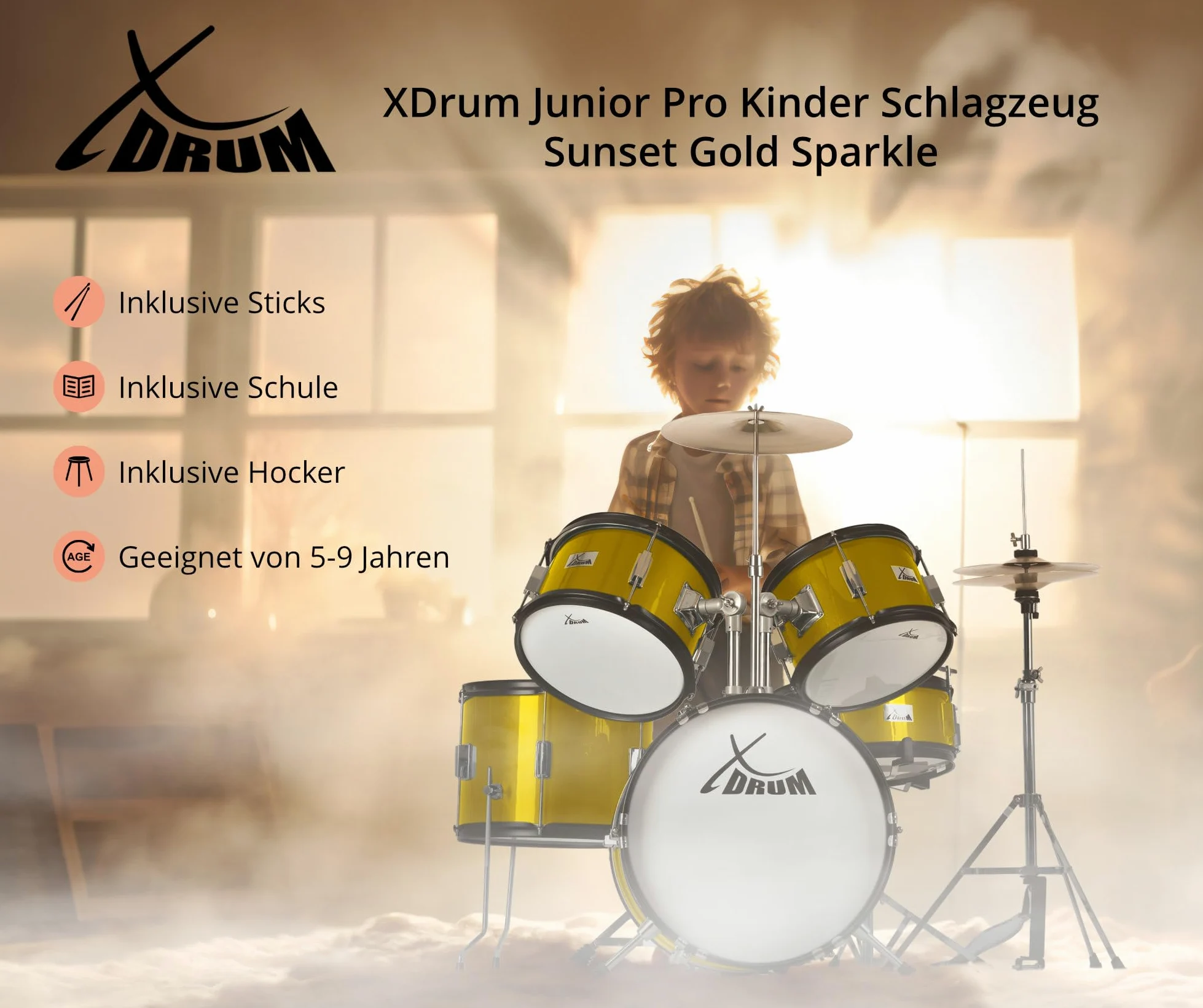 XDrum Junior Pro Kinder Schlagzeug Sunset Gold Sparkle - geeignet von 5-9 Jahren - Drumset mit komplettem Zubehör - inkl. Schule - Orange