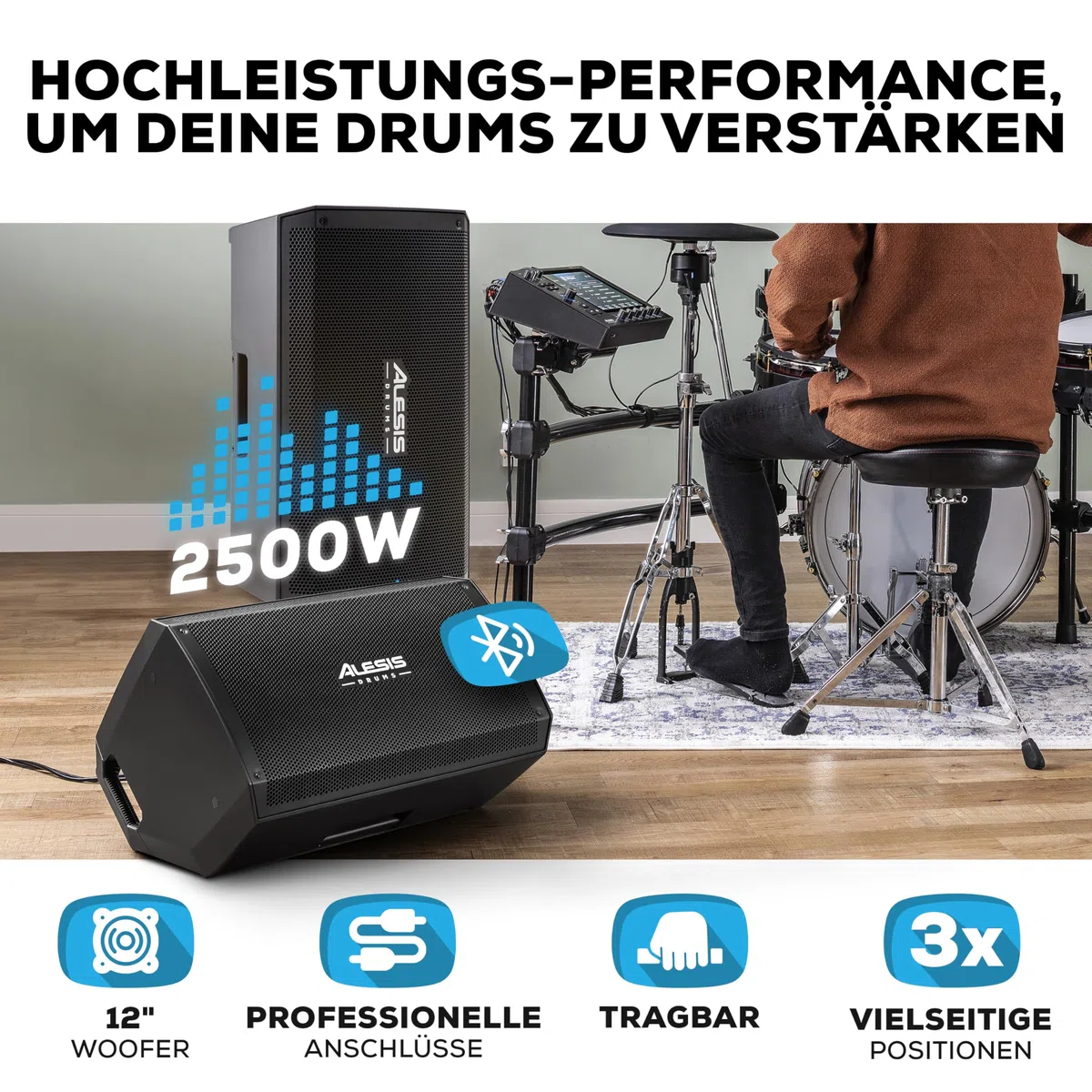 Alesis Strike Amp 12 MK2-2500W Drum Amp Lautsprecher für Elektronische Schlagzeug, mit Bluetooth, 12" Woofer, HPF EQ und Ground-Lift Schalter