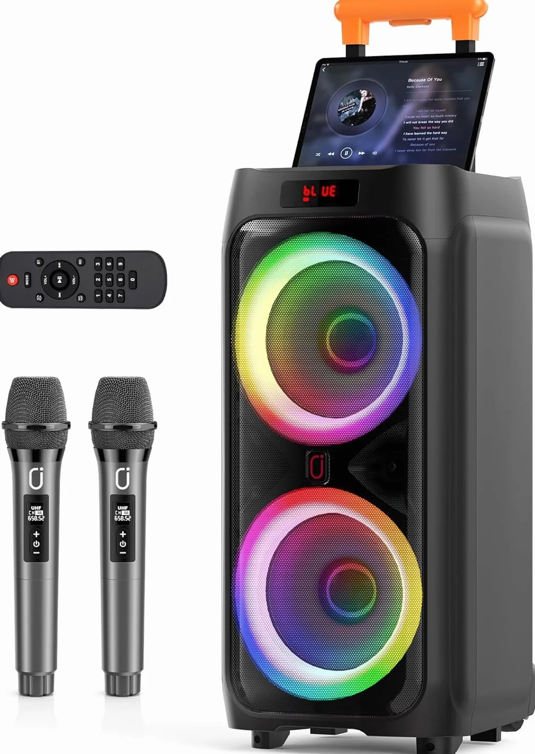 HWWR Karaoke Maschine mit 2 Mikrofones, großer Tragbaren Bluetooth Lautsprecher mit RGB-Licht, Karaoke Anlage für Karaoke, Hausparty, PA-System für Erwachsene Partybox Unterstützt TWS,TF/USB, AUX,Rec