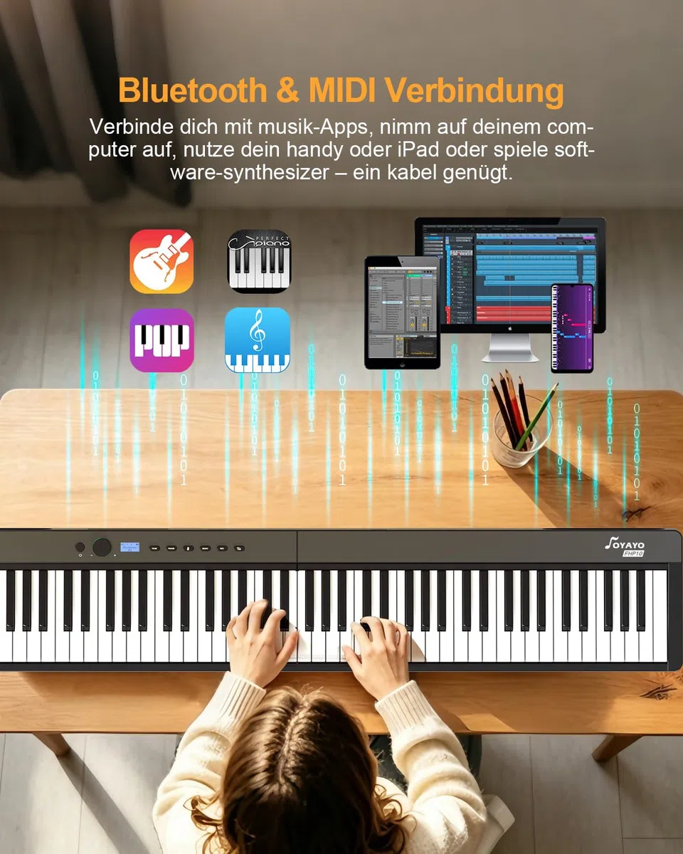 OYAYOFaltbares 88 Tasten Gewichteten Tasten Digitalpiano, Bluetooth MIDI & Audio, 128 Klänge & Rhythmen, 2600mAh Akku Stereolautsprecher, Elektronisches Klavier für Einsteiger & Musiker