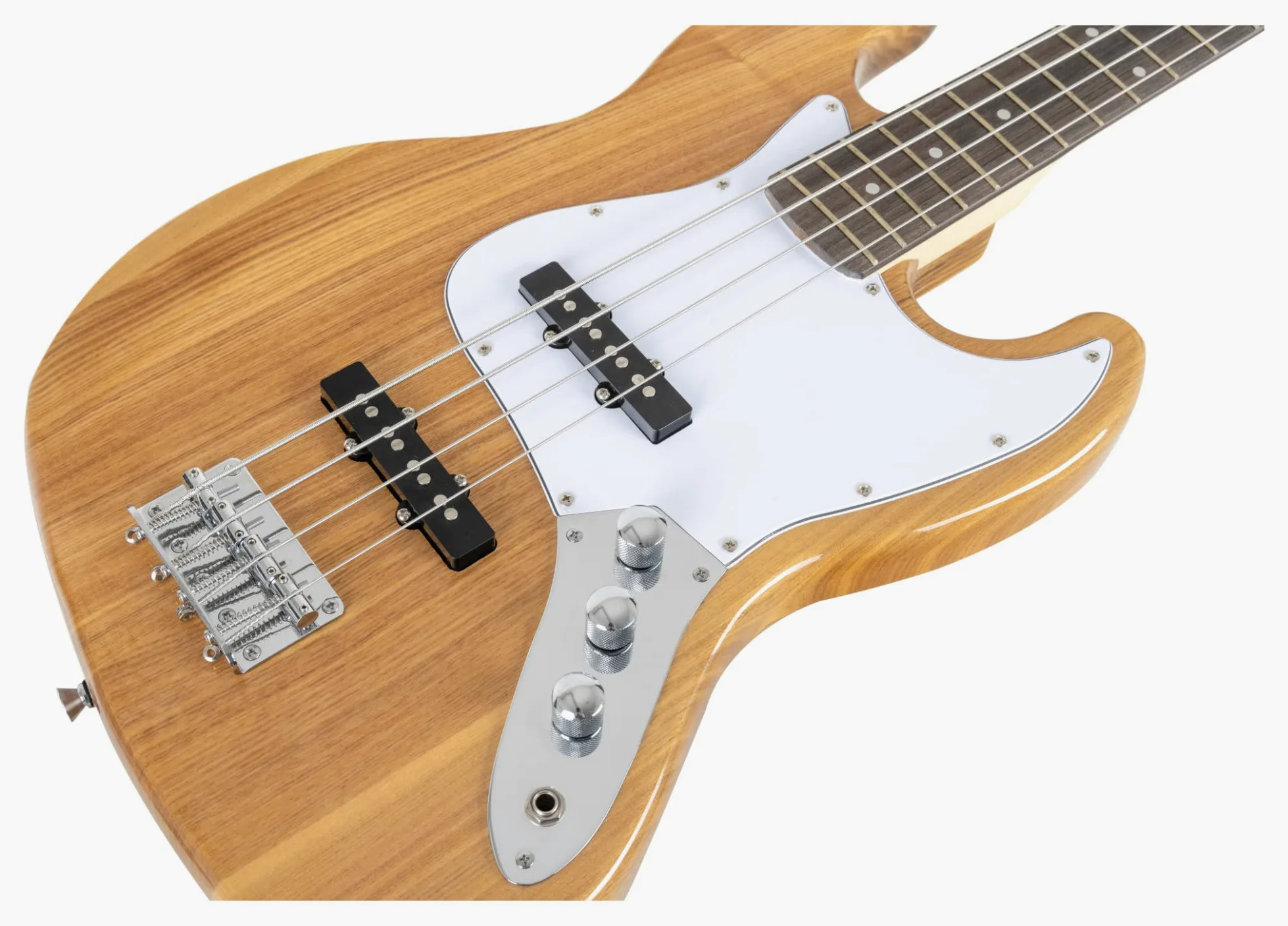 Rocktile Pro JB-30PR Ashwood E-Bass - Jazz-Style E-Bass - Body: Esche - Hals: Ahorn - Griffbrett: Engineered Wood - 2 Single-Coil Tonabnehmer - 2 Volume-/ 1 Toneregler - Natur