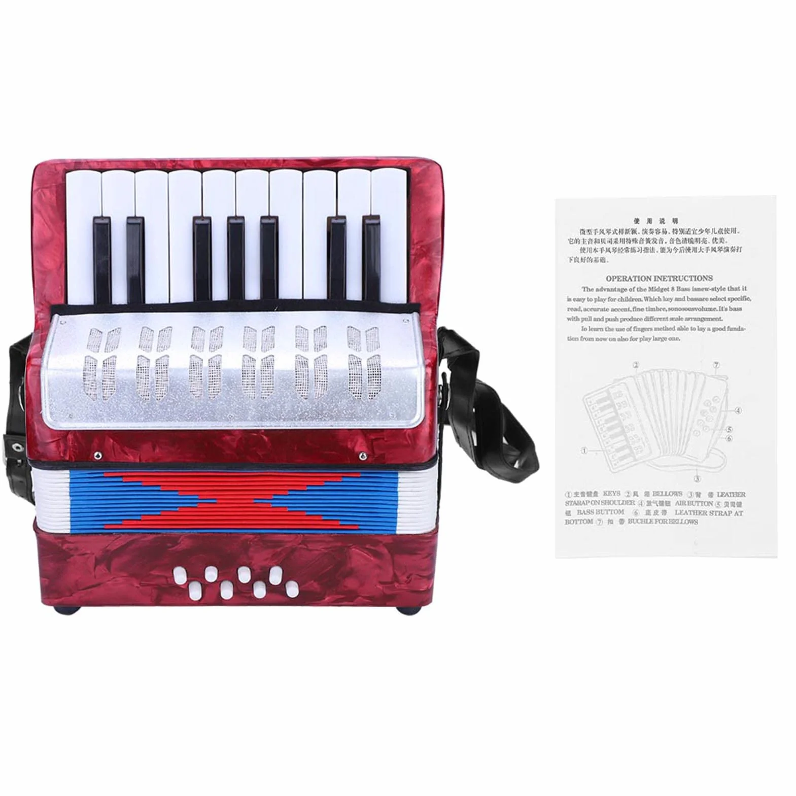 Akkordeon Für Anfänger, 17 Tasten 8 Bässe, Leichtes Bassklavier Aus ABS, Muskelinstrument Zum Üben Für Kinder, Erwachsene Und Schule (Rot)