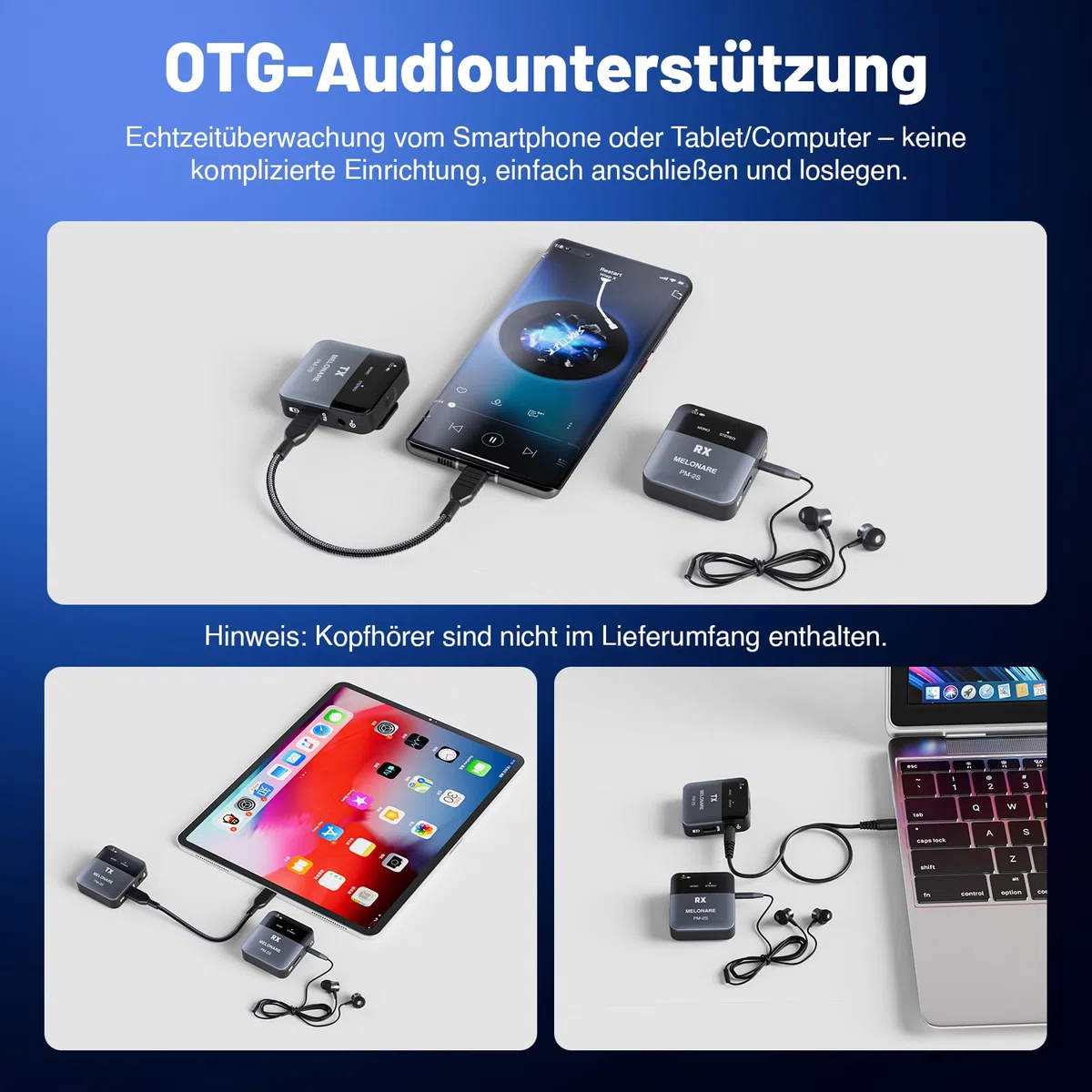 MELONARE PM-2S Tragbares Drahtloses In-Ear-Monitoring-System, Mono/Stereo-Umschaltung, Drahtloser Audio-Sender und -Empfänger, 24bit/48kHz Audio, OTG-Eingang, IEM für Live-Shows, Studios und Bands