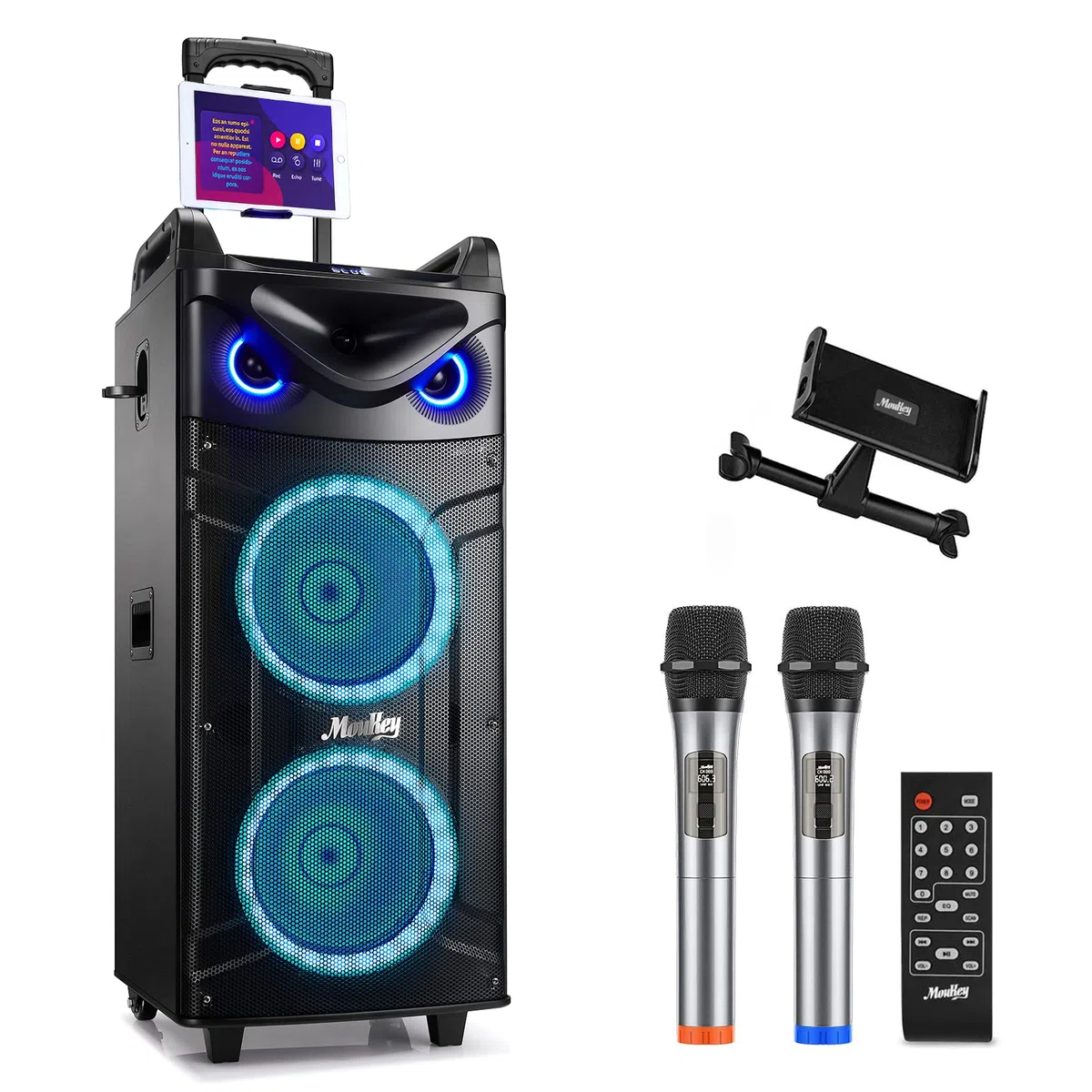 Moukey Karaoke Maschine Große Karaoke Anlage mit 2X 26cm Woofer & 8cm Tweeter & 2 Mikrofonen, Wiederaufladbarer Bluetooth Lautsprecher mit Lichteffekt Tablettenhalter TWS/Rec/AUX/USB/TF/FM für Party