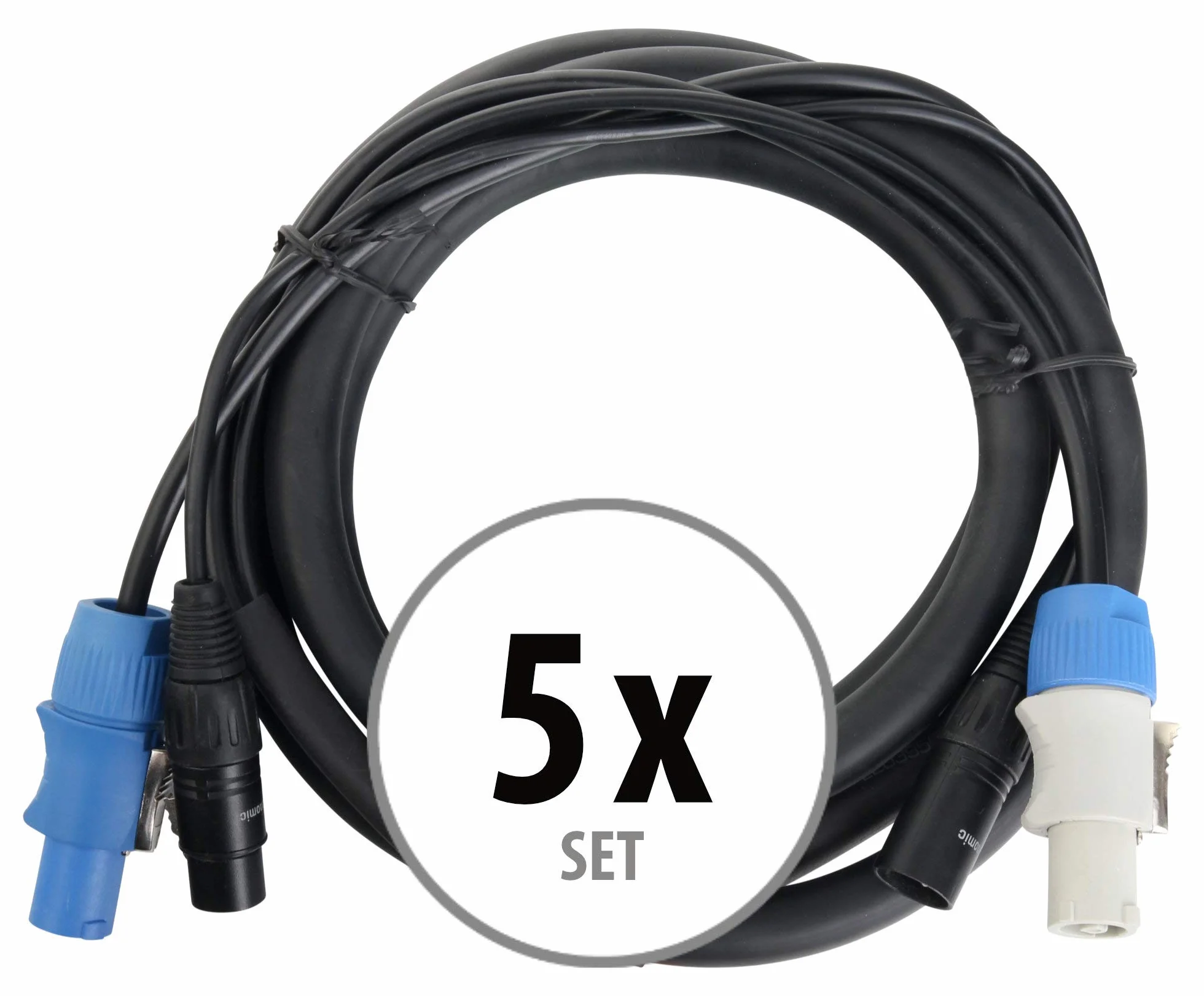 Pronomic Stage PPD-2.5 Hybridkabel Powerplug/DMX 5x Set - Kombi-Kabel für Stromversorgung und DMX-Signal - Kein Kabelsalat mehr bei der Verbindung zu Lichteffekten - Länge: 2,5 m - Schwarz