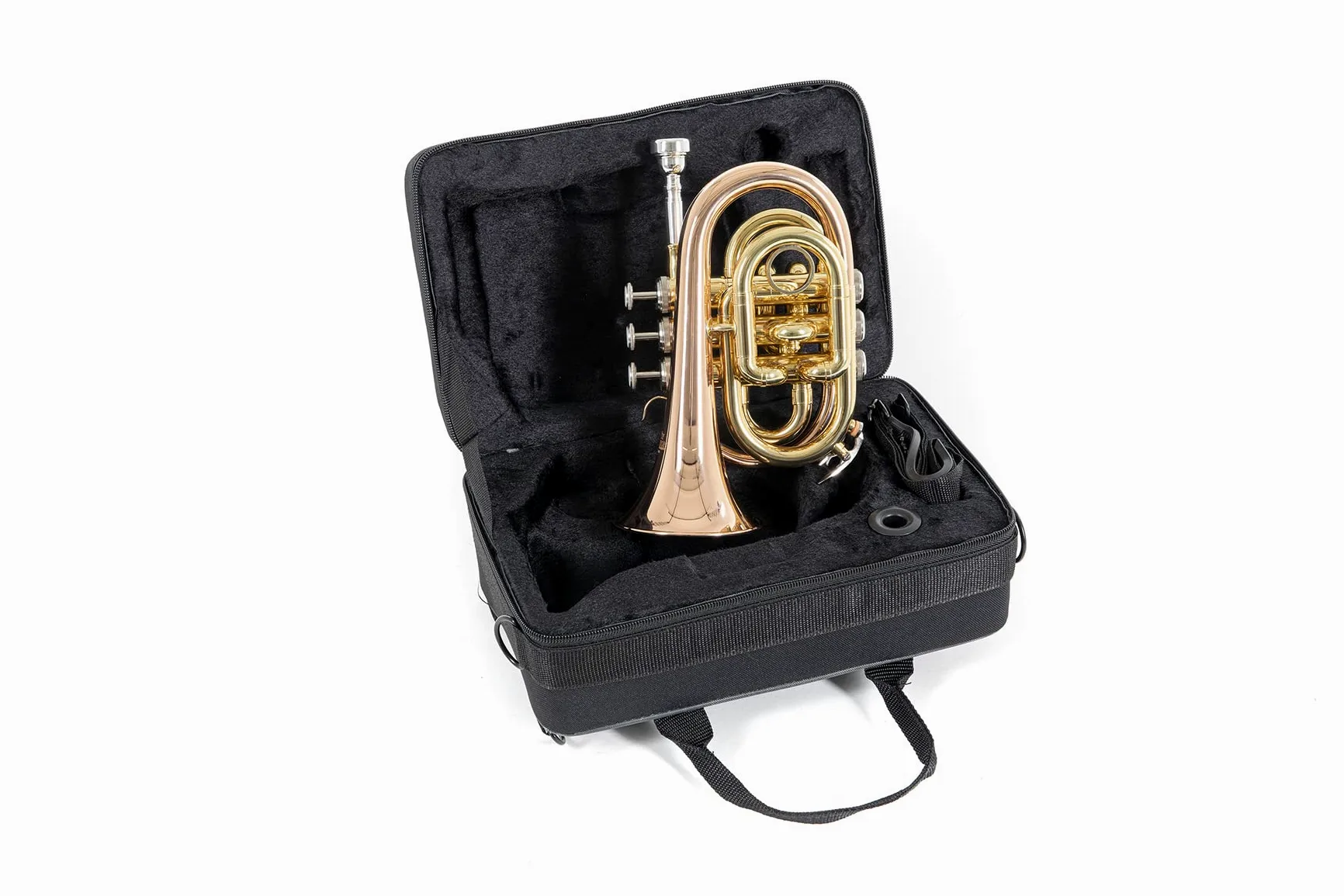 Roy Benson Bb-Taschentrompete PT-101G (mit Goldmessing Schallstück, kompakte Größe trifft auf professionellen Klang, inklusive Rechtecketui & Rucksackgarnitur)
