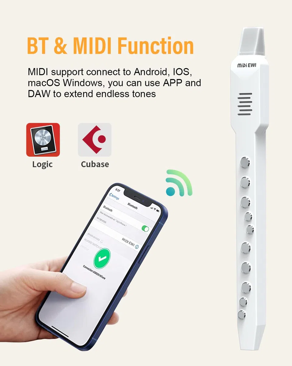 Digitales Blasinstrument Weiß MIDI-Bluetooth Elektronisches Blasinstrument Abnehmbare Düse Stromkabel 10 Instrumententöne