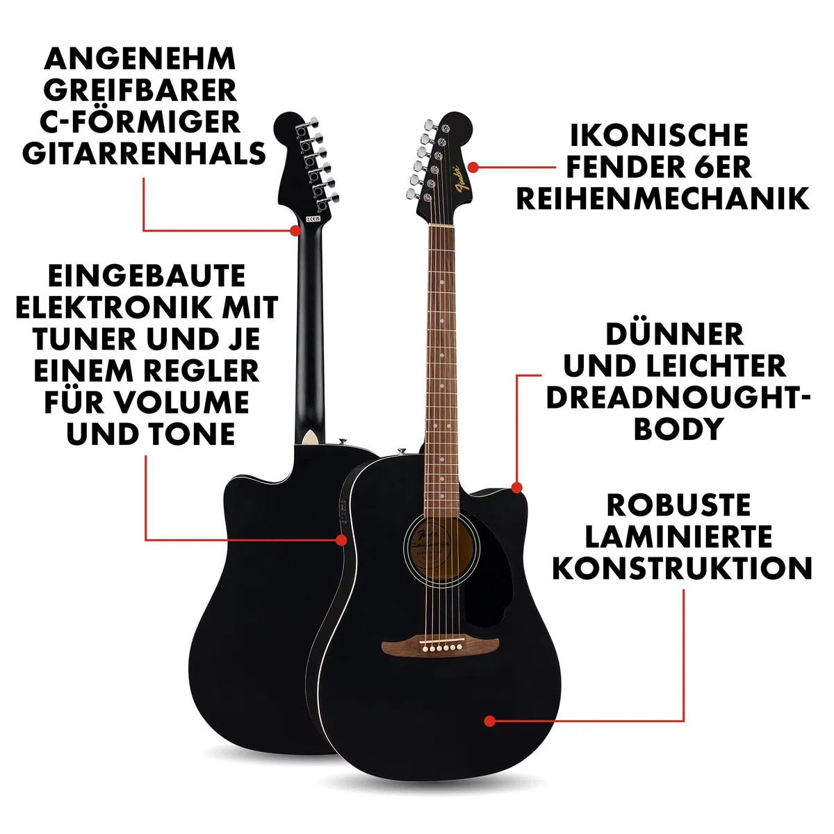 Fender California Debut Redondo Dreadnought CE-Akustikgitarre mit Cutaway, Fichtendecke, schwarz