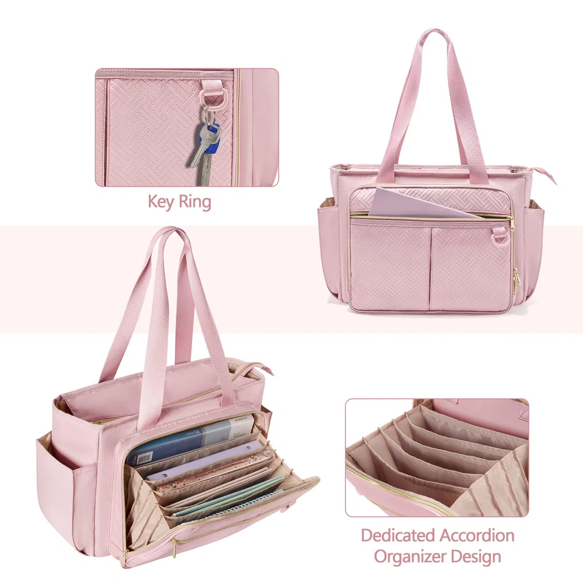 Tragetasche für Lehrer mit Akkordeon-Aktenfach, große Arbeitstasche für Lehrerinnen für Frauen, Rosa (Patentdesign)