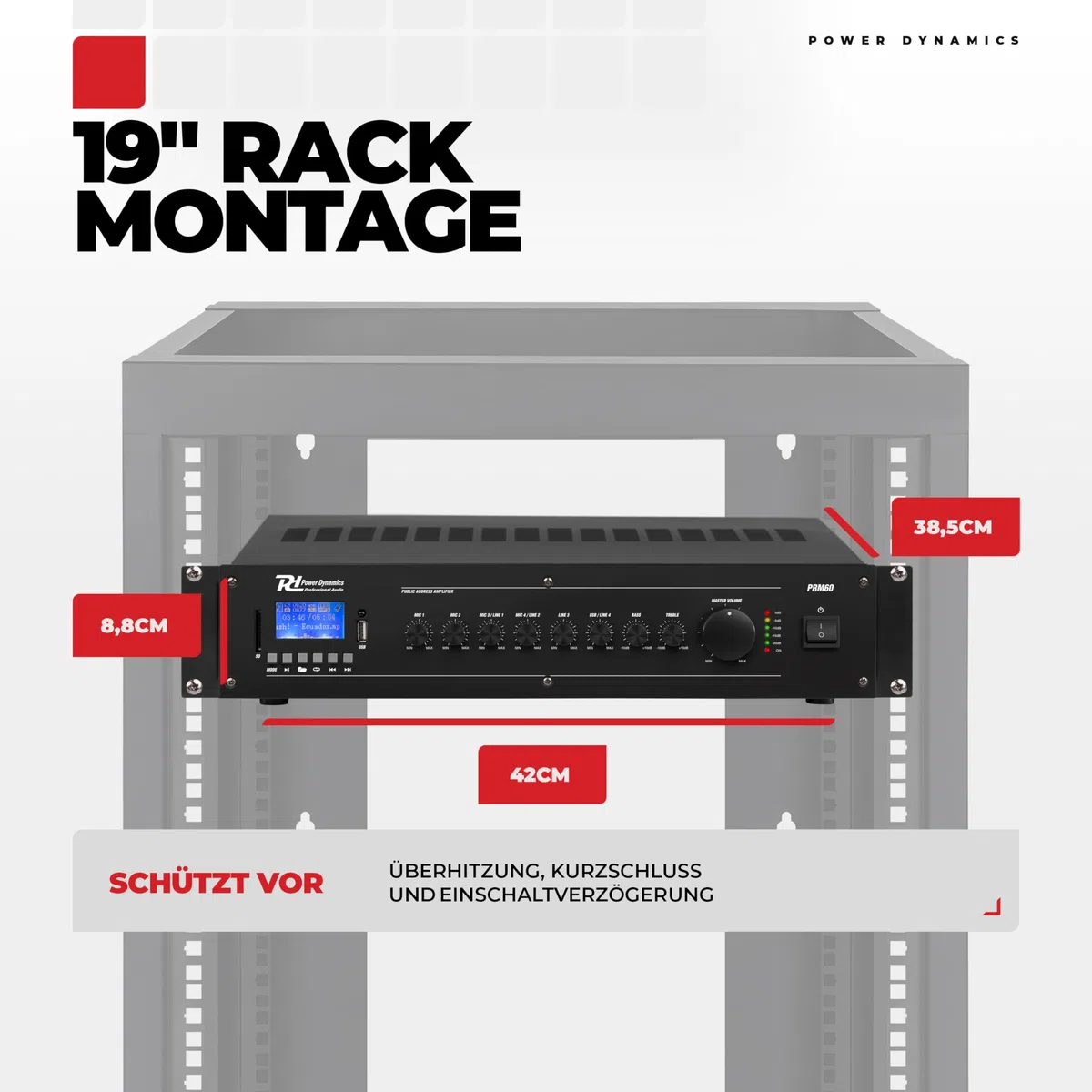 Power Dynamics PRM60 PA Endstufe - Verstärker für Lautsprecher und Musikanlagen, 100 Volt System, 60 Watt PA Verstärker, Bluetooth, MP3-Player, USB, SD, 2x Mic, Soundverstärker
