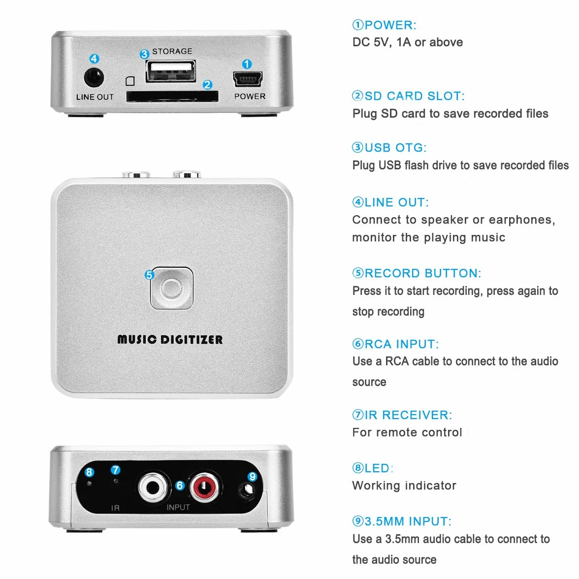 Digitaler Audio-Rekorder mit 3,5 mm- und Cinch-In-Anschlüssen und Fernsteuerung, Aufnahme als MP3-Datei