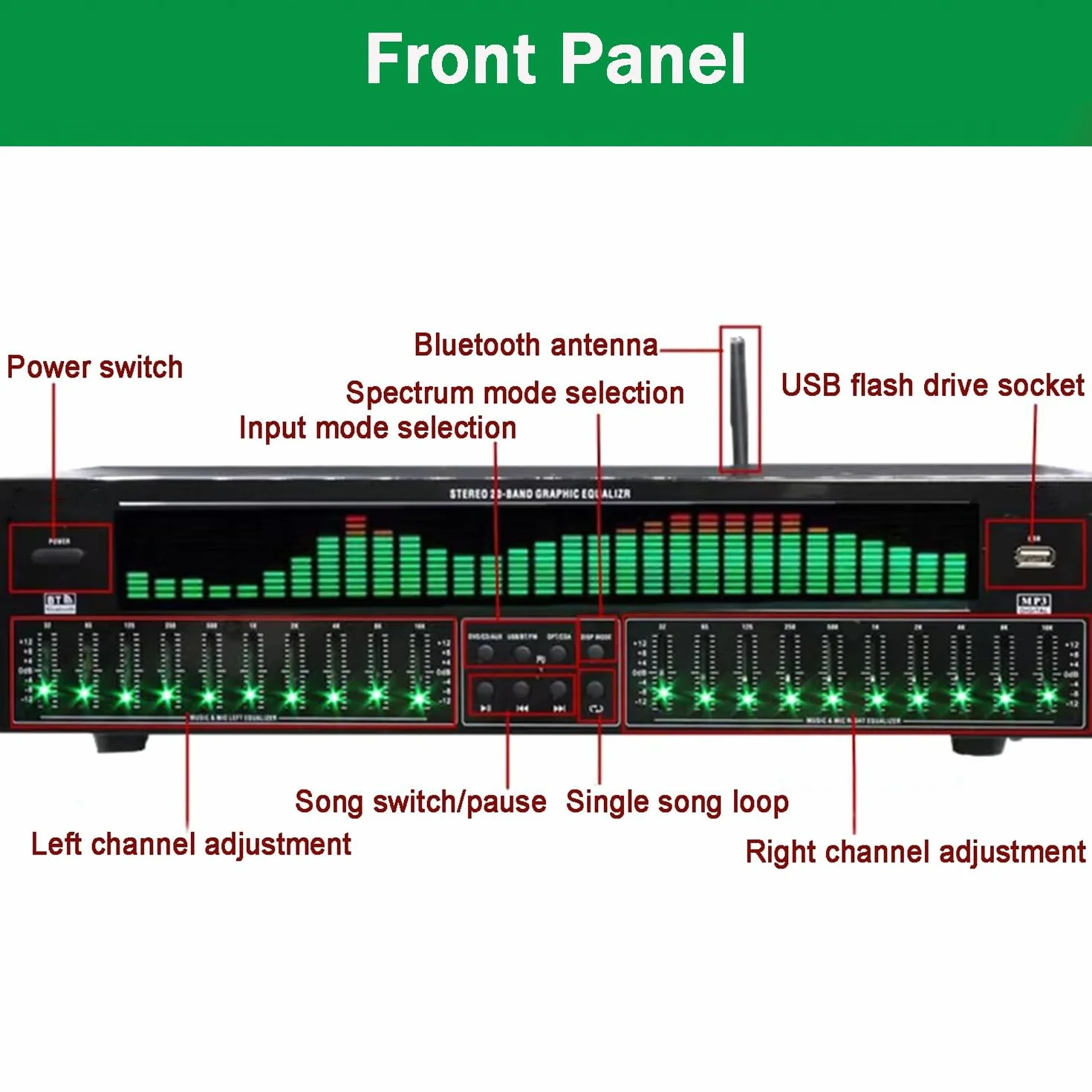 31-Band Digital Equalizer, Stereo Grafik EQ, Musikspektrumanalysator, Bluetooth 5.4 Optische Koaxiale Digitale Audiodekodierung, Rauschunterdrückung, Für Aufnahmestudio