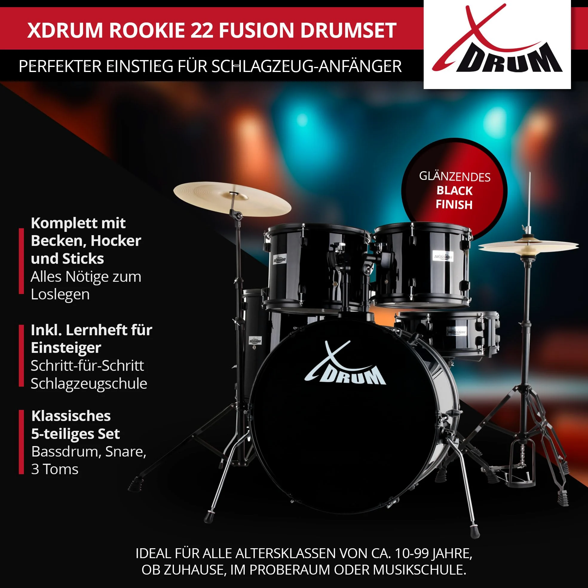 XDrum Rookie 22" Fusion Schlagzeug Komplettset Black - Ideal für Einsteiger - Stylische Hardware in schwarz - Inkl. Drumsticks, Aufbauanleitung und Schlagzeugschule - Schwarz