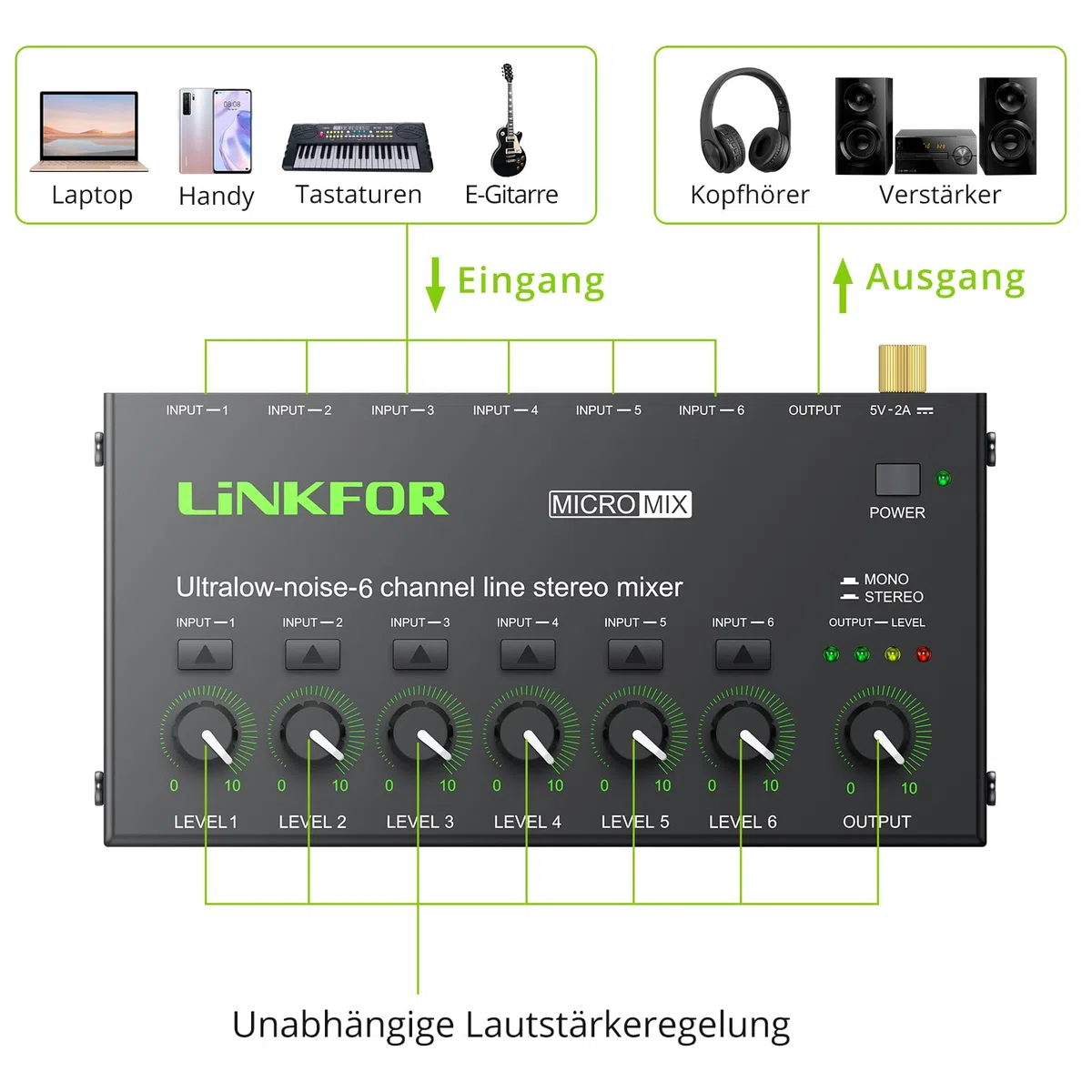 LiNKFOR 6 Kanal Mini Stereo Audio Mixer Ultrakompakter Audiomixer Unabhängige Lautstärkeregelung für Mischungen, DC 5V Type-C Mini-Audiomischer mit Netzteil Audiokabel - Ultra Niedrig Noise