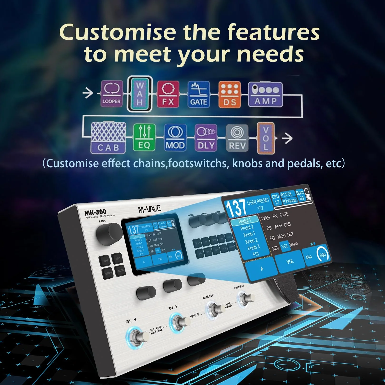 M-Vave MK-300 - Multieffektprozessor für Gitarre und Bass, 11 Module, über 320 Effekte, 120 Verstärker, IR-Loader, Looper, Drumcomputer, BT- und USB-Soundkarte