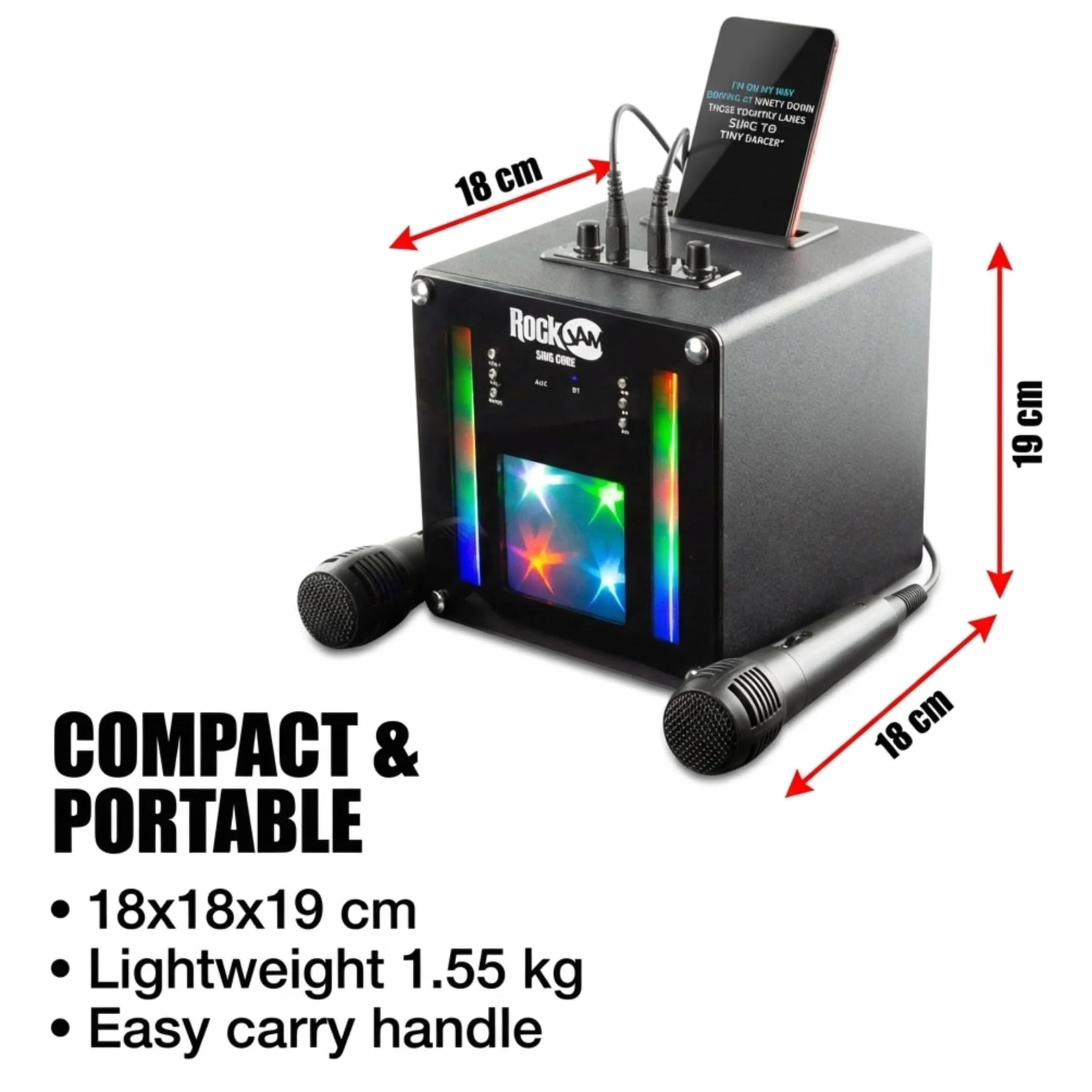 RockJam Singcube 5-Watt Rechargeable Bluetooth Karaoke Machine with Two Microphones, Voice Changing Effects & LED Lights