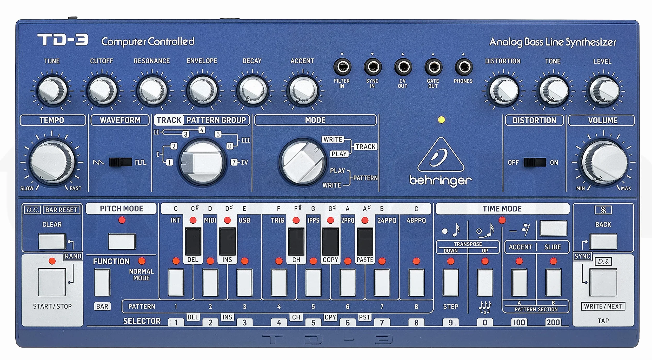Behringer TD-3-BU Analoger Bass-Line-Synthesizer mit VCO, VCF, 16-Stufen-Sequenzer, Distortion-Effekten und 16-stimmiger Polykette
