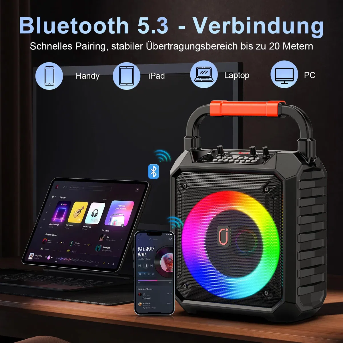 JYX Karaoke Maschine mit 2 kabellosen Mikrofonen, Bluetooth 5.3, 80W Lautsprecher, 6,5-Zoll-Bass, bis 12 Std., LED-Licht, USB/TF/AUX, tragbares Karaoke Set für Kinder und Erwachsene