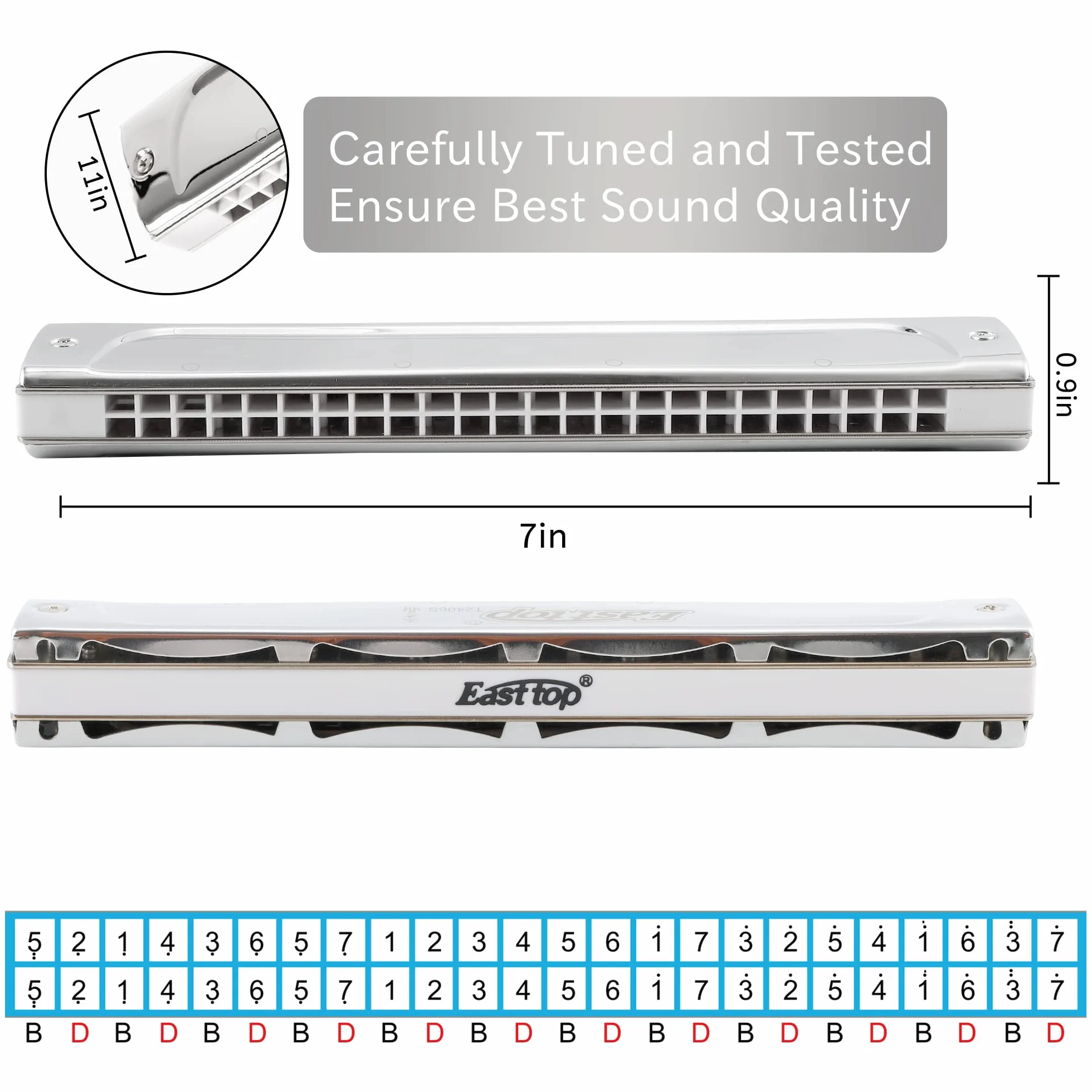 East Top Mundharmonika, Tremolo Mundharmonika Tonart C 24 Löcher T2406S Mundharmonika für Erwachsene, Profis, Anfänger und Studenten, als Geschenk (C)