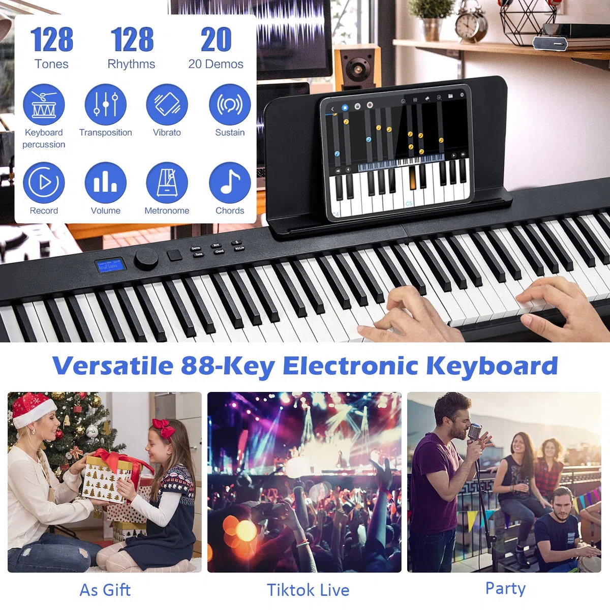 GYMAX 88 Tasten Faltbares Keyboard Piano, Full-Size Digitalpiano mit Bluetooth, USB/MIDI-Controller, Sustain Pedal, wiederaufladbarer Akku & Klaviertasche, tragbare elektronische Tastatur für Anfänger