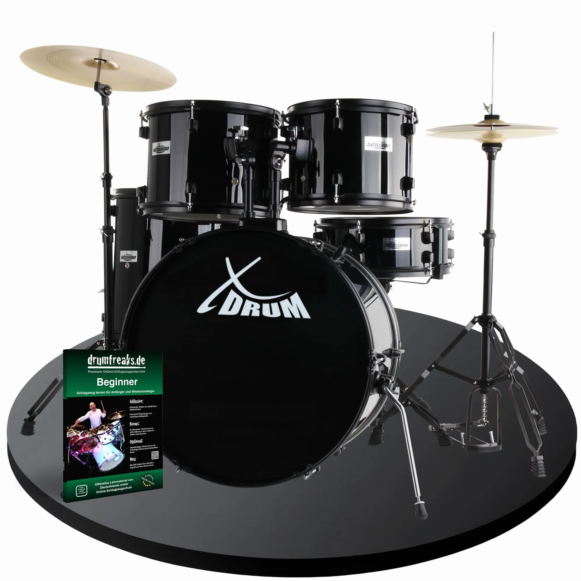 XDrum Rookie 22" Fusion Schlagzeug Komplettset Black - Ideal für Einsteiger - Stylische Hardware in schwarz - Inkl. Drumsticks, Aufbauanleitung und Schlagzeugschule - Schwarz