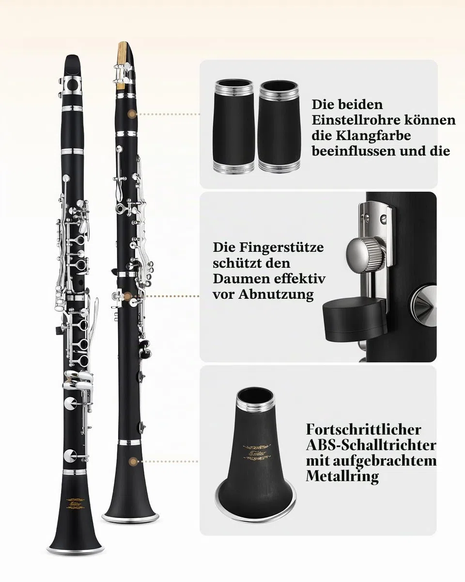 Eastar B-Klarinette für Anfänger, Ebonit Klarinette vernickelt mit 2 Birnen, 3 Blättern, weißen Handschuhen, Hartschalenkoffer, Reinigungsset, ECL-300