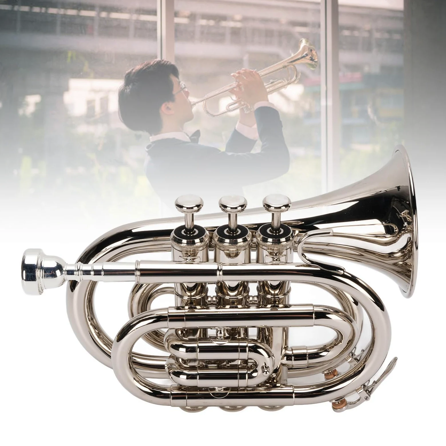 Bb-Trompete, N plattierte Basstrompete Ergonomische tragbare Bb-Taschentrompete für Anfänger, Studenten, Reisende und Profis, doppeltes Entwässerungsventil
