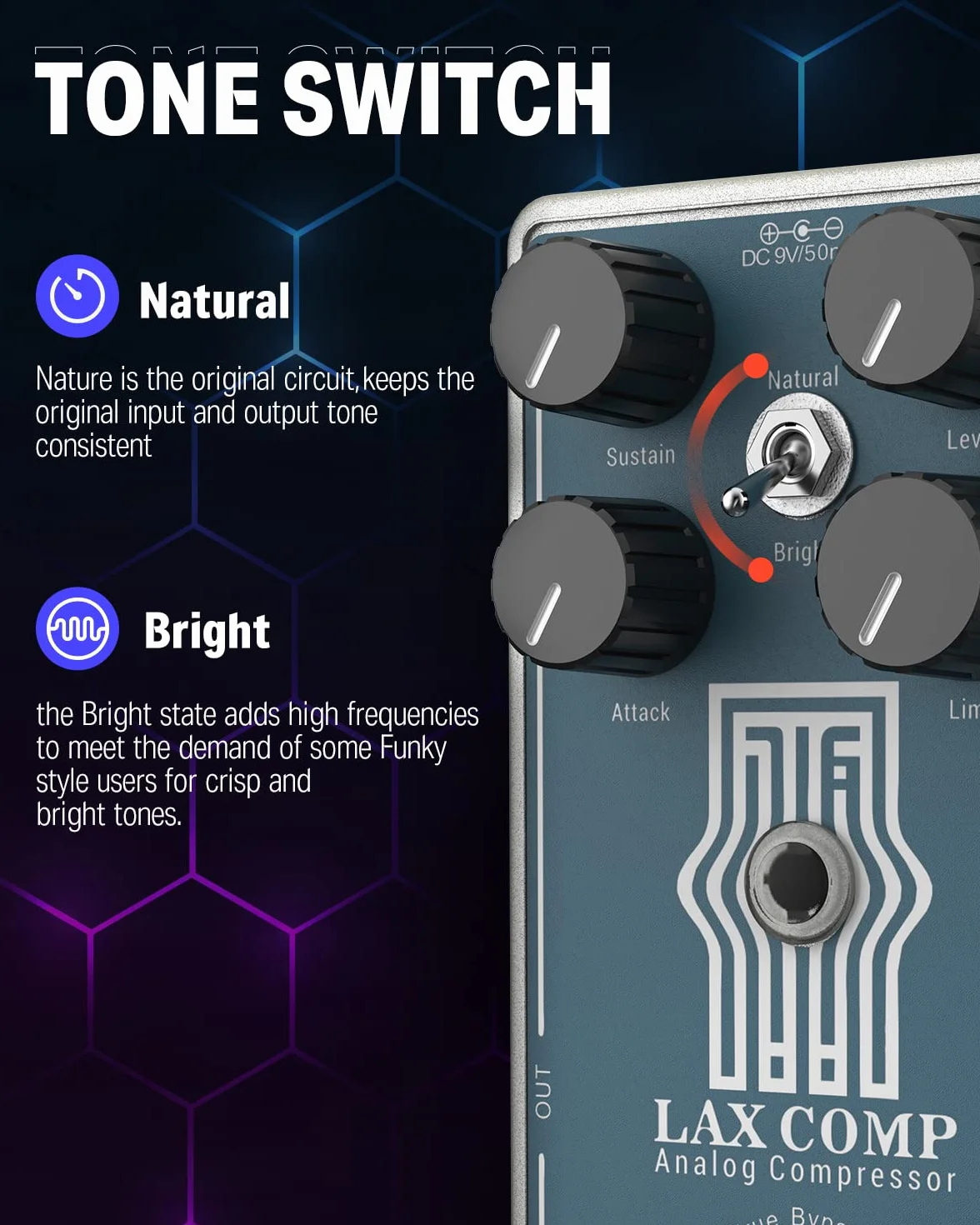 Donner Compressor Gitarrenpedal, Lax Comp Kompressor-Pedal für E-Gitarre und Bass, klassischer Peak-Limiter-Kompressor mit 2-Band-EQ-Boost-Effekt, reiner analoger True-Bypass