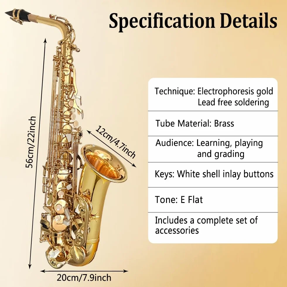 Yinfente Eb flaches Saxophon mit 10 Blättern, 8 Pads, Hartschalenkoffer und mehr, für Studenten, Anfänger, Erwachsene, Altsaxophon, Saxophon-Set, (goldfarben)