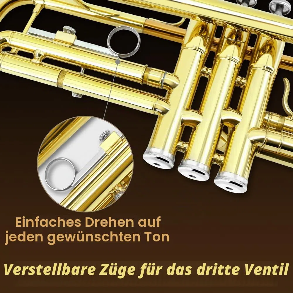 Standard Bb Trompete Set für Anfänger, Studenten Trompete, Messing Trompeteninstrument, B Flach, mit 7C Mundstück, Reinigungstuch, Handschuhen und Hartschalenkoffer (Golden)