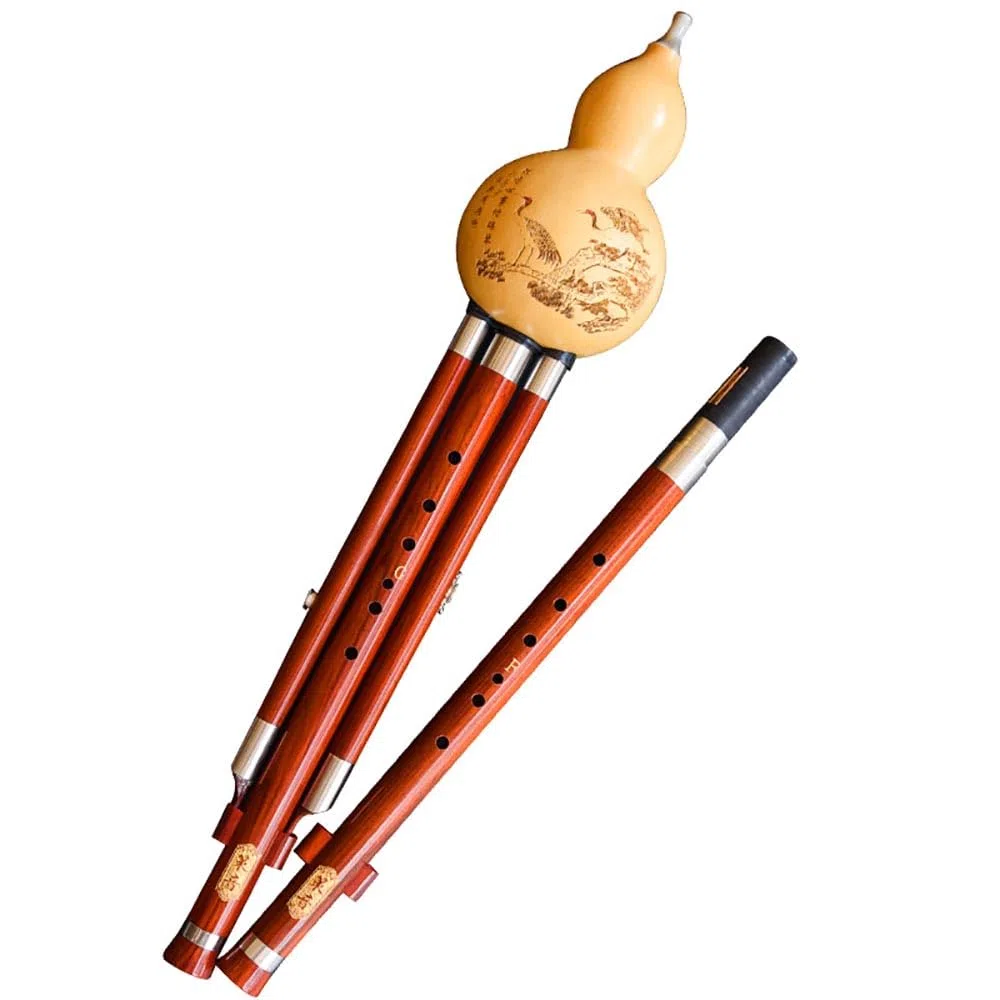 Hulusi Bambus-Kürbis-Cucurbit-Flöte, professionelle Rotholz-Doppelton-Hulusi-Flöte, F+G-Schlüssel/Bb+C-Schlüssel/Moll-D+C-Taste mit chinesischem Knoten, Instrumentenbox (F+G-Taste)