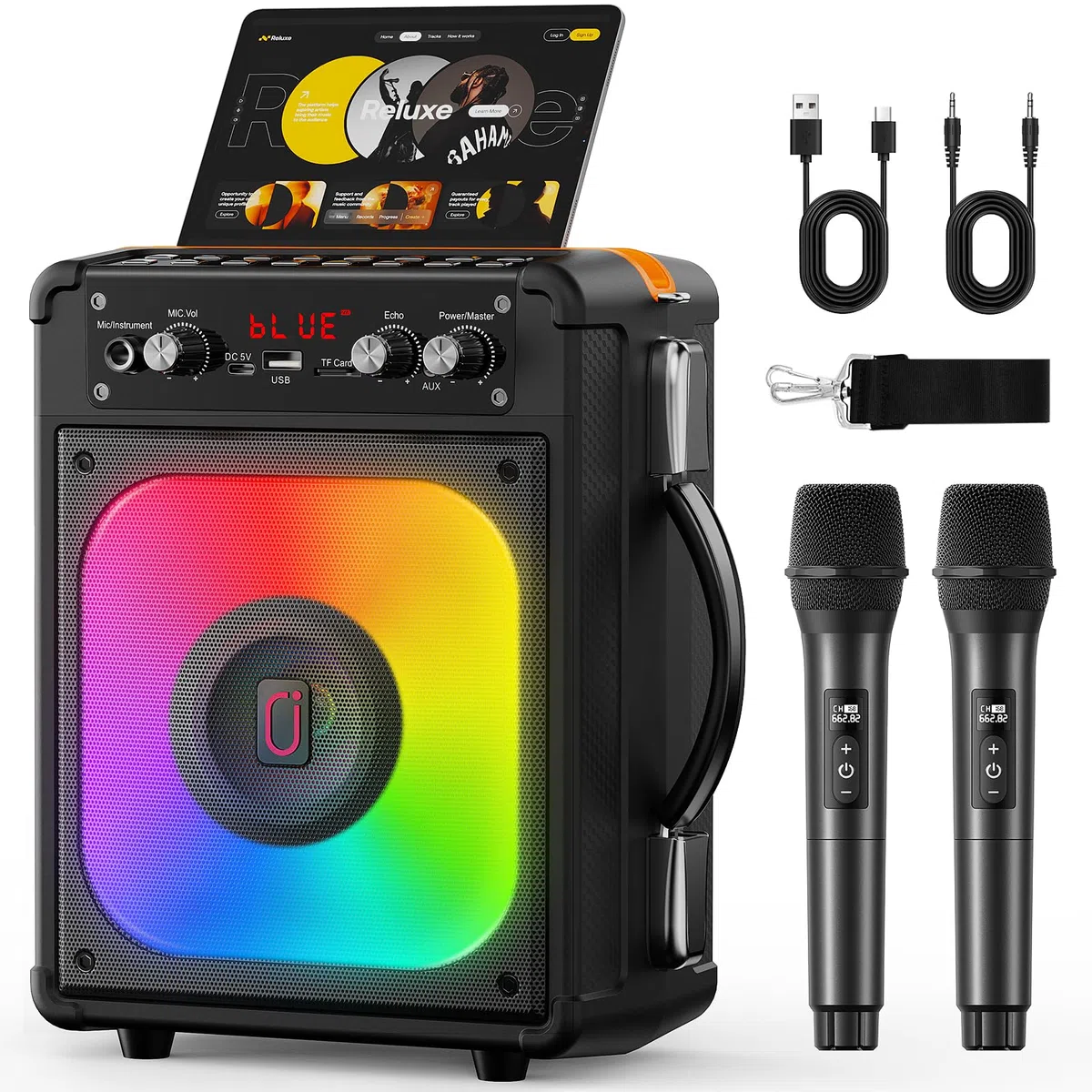HWWR Karaoke Maschine mit 2 Kabellosen Mikrofonen, Tragbarer Bluetooth Lautsprecher mit LED-Licht & Schultergurt, TWS Partybox für Erwachsene & Kinder, PA System für Zuhause & Outdoor