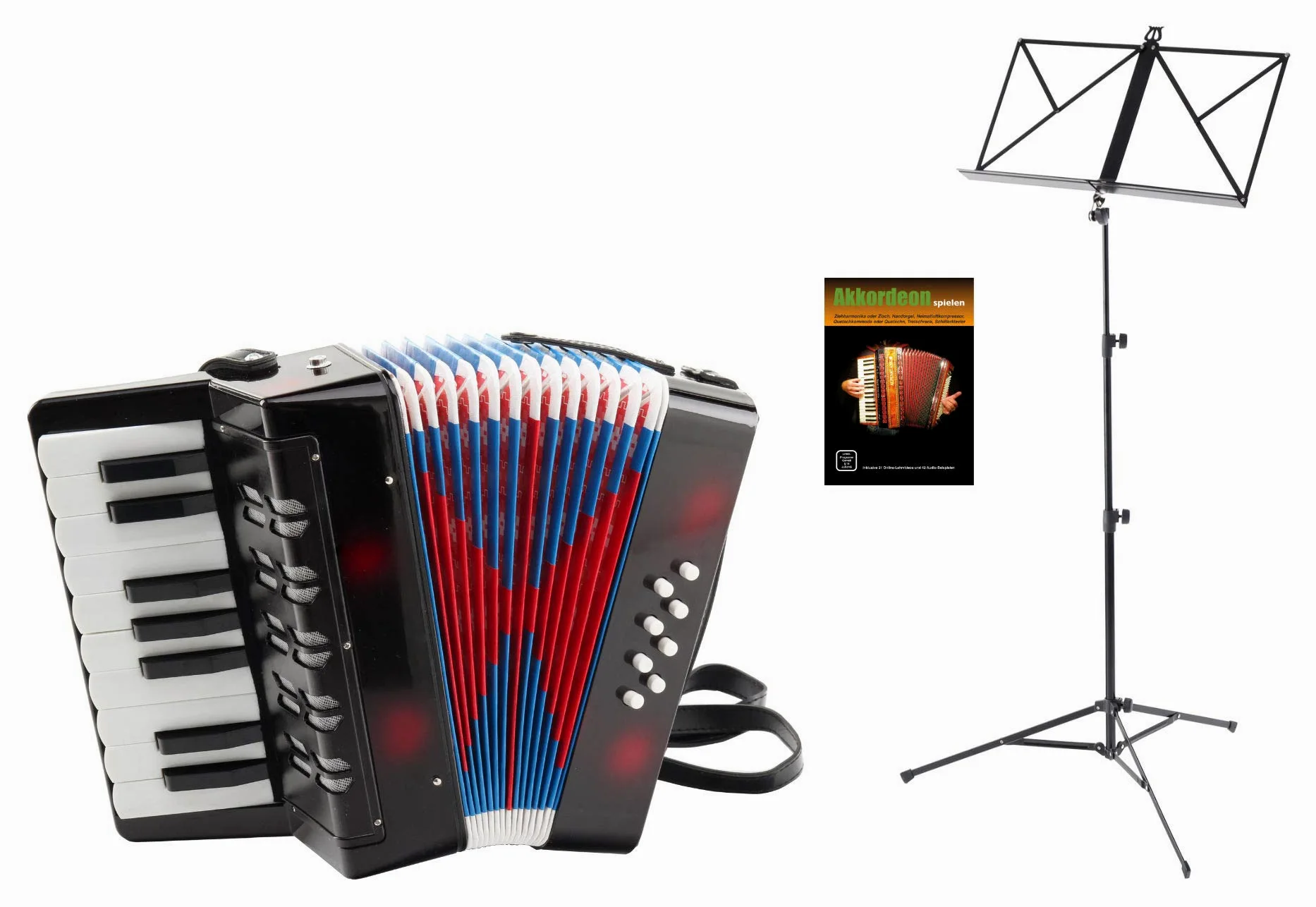 Classic Cantabile Bambino Kinder-Akkordeon Set (8-Bass Kinder-Akkordeon mti 17 Tönen, Tasche & Schultergurt inkl. Notenständer & Schule) Schwarz
