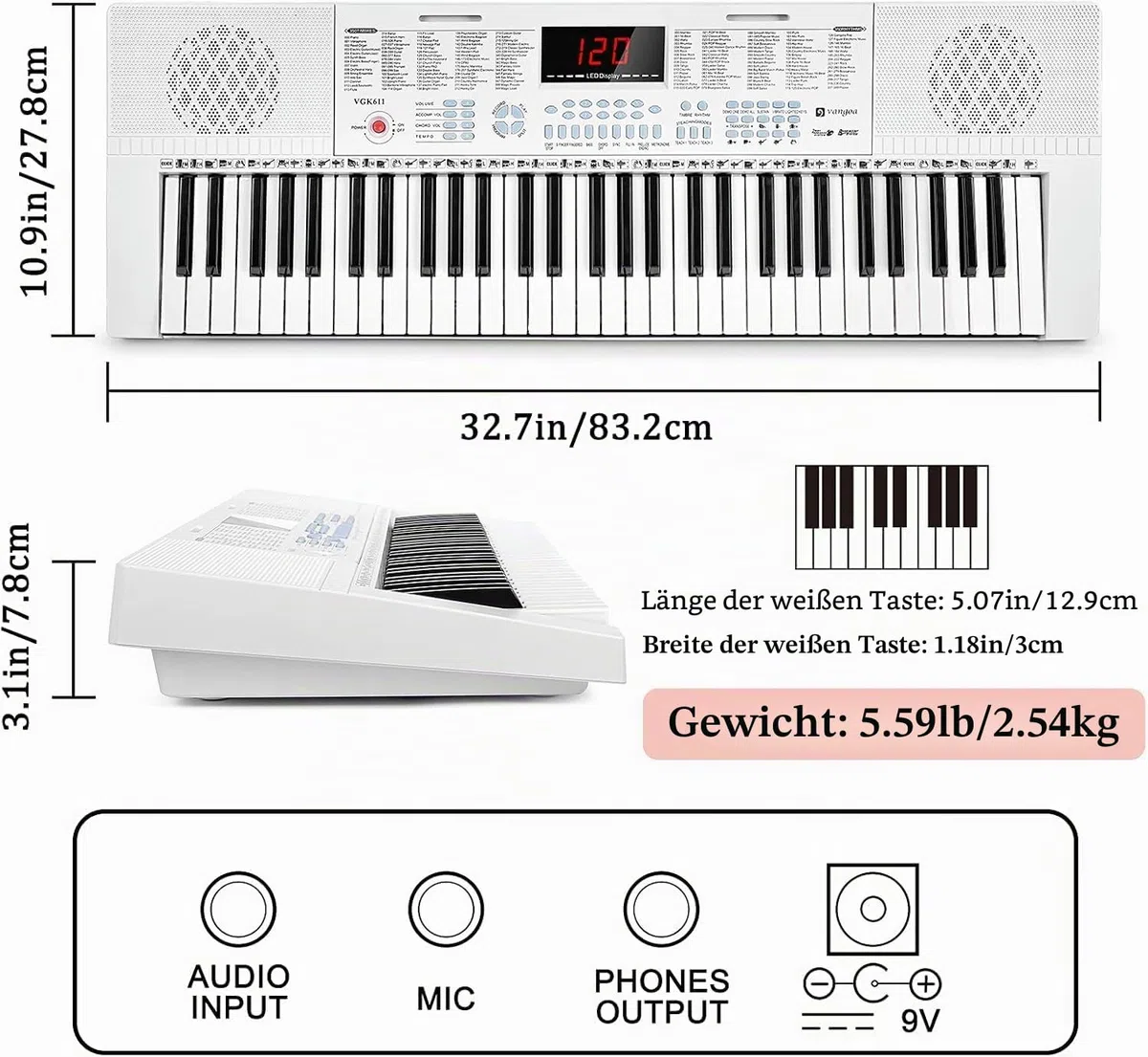 Vangoa Elektronische Klaviertastatur 61 Leuchttasten Tragbare Anfänger Musik-Tastatur Klavier, Notenständer, Mikrofon, 350Klangfarben, 350 Rhythmen, 30 Demos, Weiß