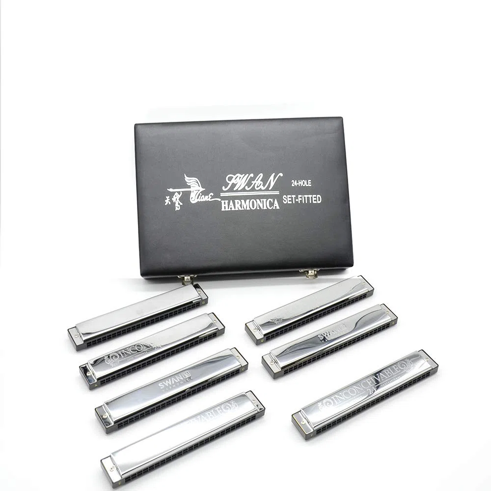swan 24-hole polyphonic harmonica 7 sets silver C D E F G A B professional performance set for Adults Beginners Students Kids, Perfect Interest Gift