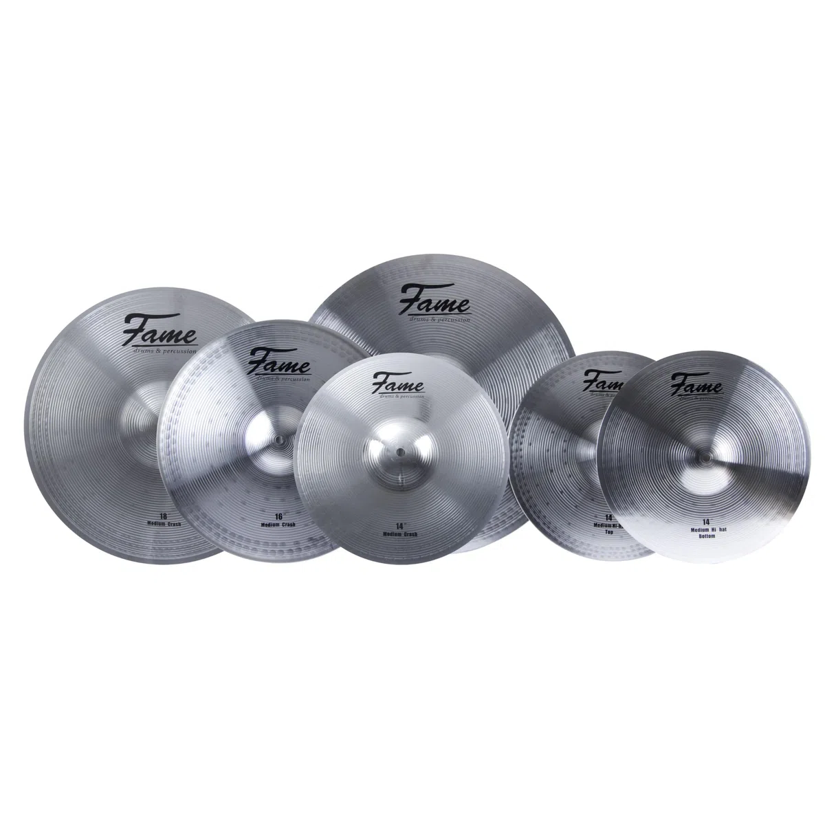 Fame Reflex Cymbal Set, 14" & 18" Crash Ride Becken, Regular Finish, Medium Stärke, 3 Teile, inklusive Drummer Handtuch