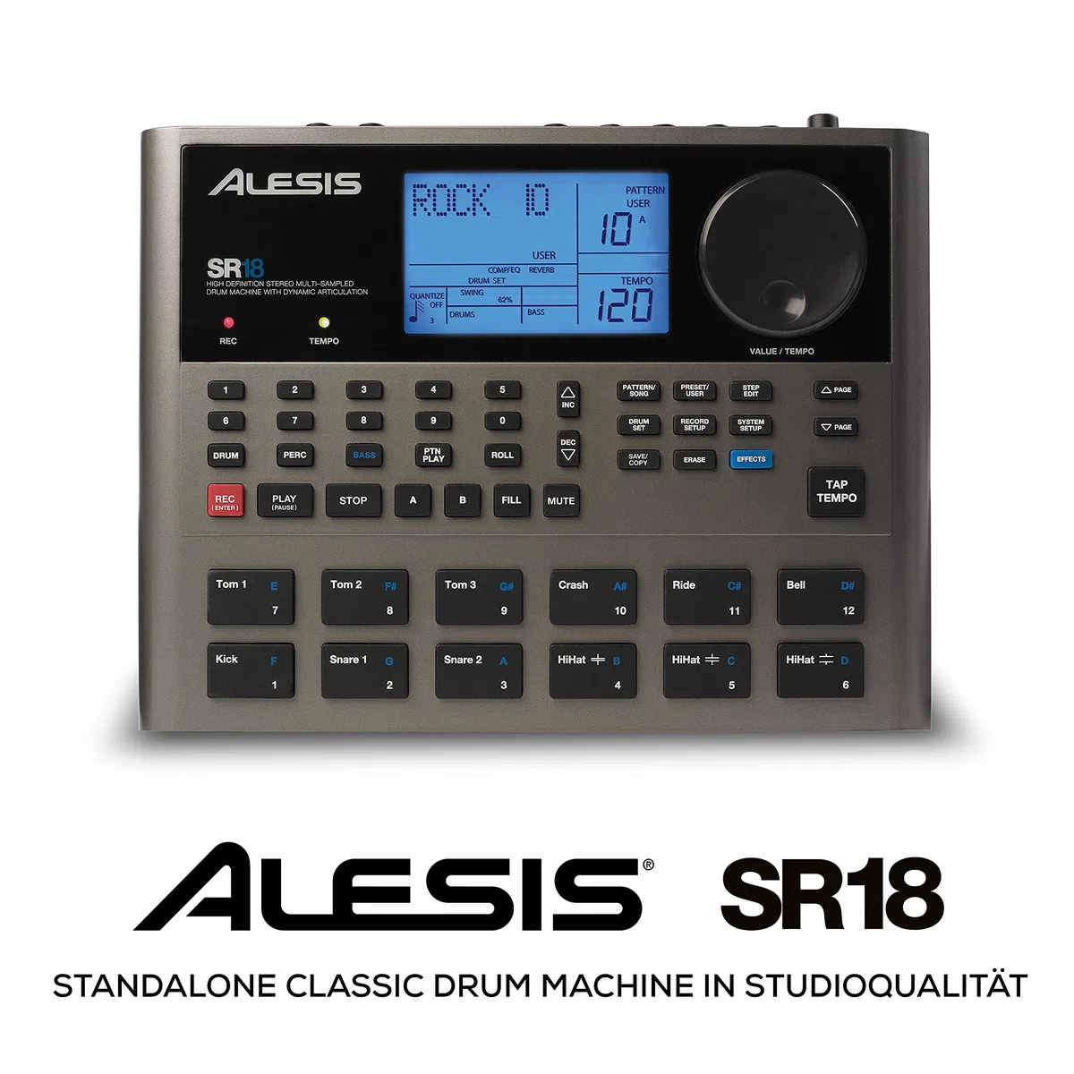 Alesis SR18 - Portables Drum Machine mit Effekten, 175 Preset Patterns und 32MB Samplespeicher mit Percussion Bank und Bass Synth