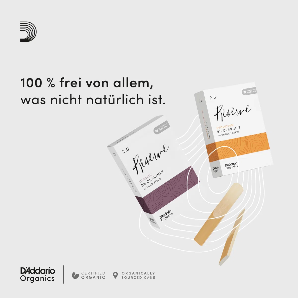 D'Addario Organisch Reserve Bb Klarinettenblätter - Rohrblätter für Klarinette - Das erste und einzige Bio-Schilfrohr - 2.0 Stärke, 10 Packung