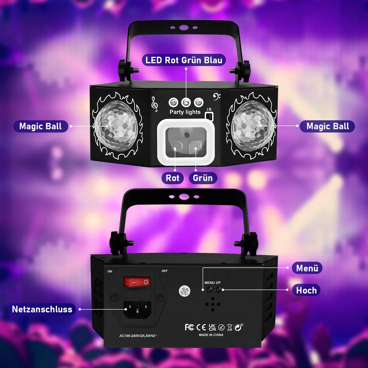 Discolicht Partylicht mit Dual Disco Bällen – RGB Sound-aktivierte Partylichter, Effekt Licht für DJ, KTV, Club, Weihnachtsfeier