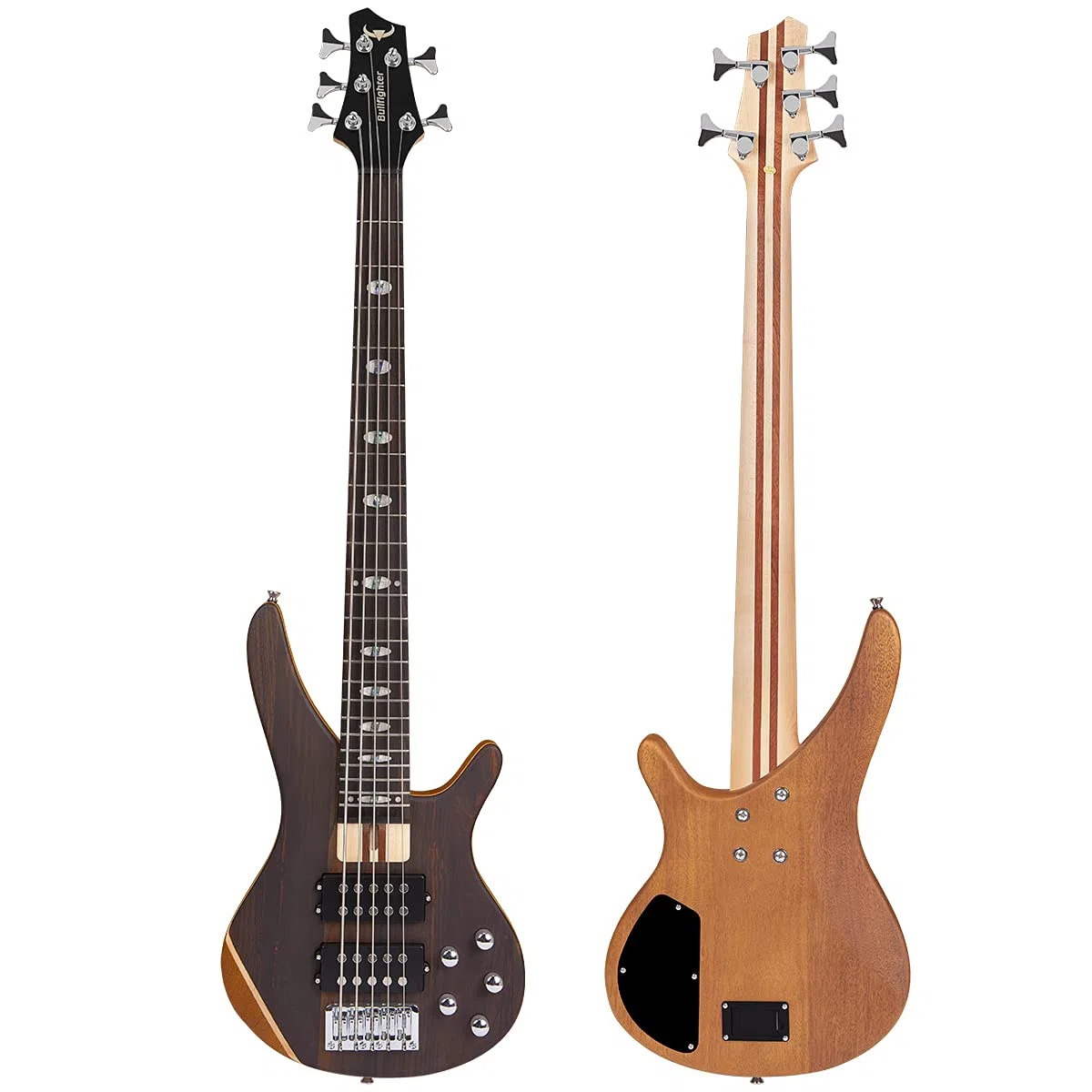 Bullfighter E-Bass 5 Saiten in voller Größe P Bass Set für Anfänger schwarz mit Konzerttasche, Gitarrengurt und Gitarrenkabel