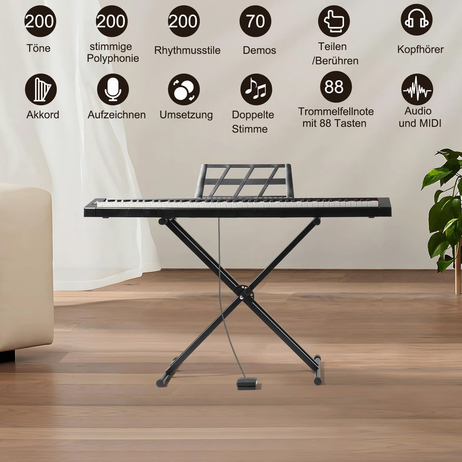 LEADZM 88 Tasten Halbgewichteten Digital Piano, Full Size Keyboard, Elektronische Tastatur mit Doppelrohr-X-förmigem Ständer, Bluetooth MIDI, Notenständer, Sustain-Pedal, Kopfhörer