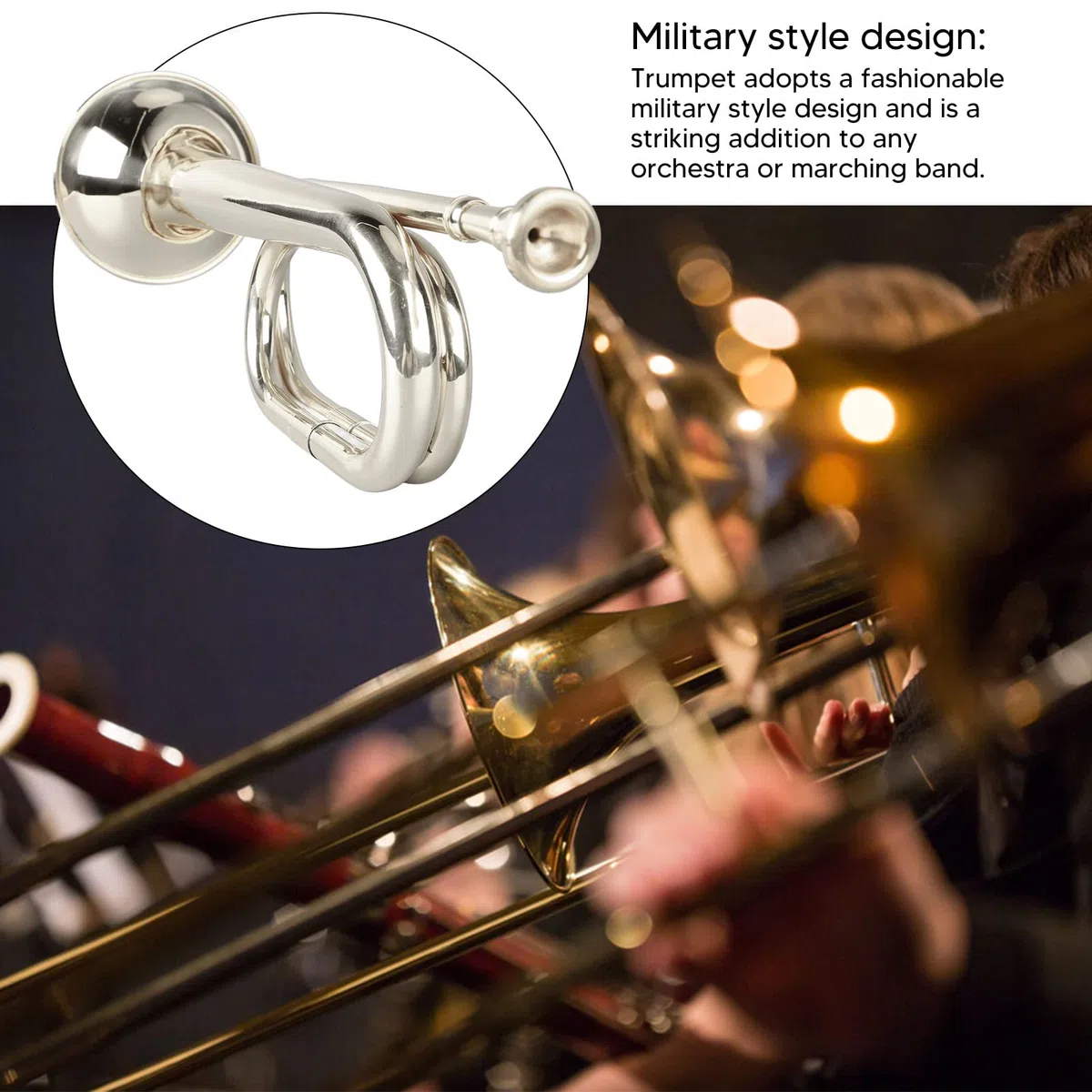 Fockety Bugle Kavallerie-Trompete, Blechblasinstrument, Militärstil, Anfängerfreundlich, C-Taste, Messingtrompete mit Mundstück, Trompete, Messing, Silber