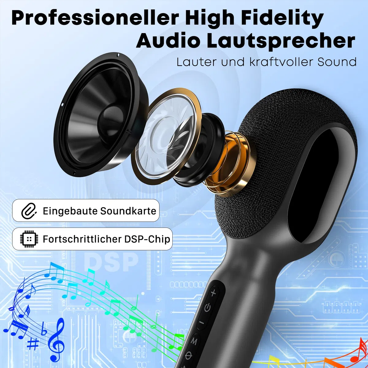 StageSound Karaoke Mikrofon mit Bluetooth, Handmikrofon mit Vocal-Cancel Funktion, HD-Sound & LED-Lichteffekte, Aufnahmefunktion, FM/AUX Verbindung, 4 Stimm-Modi, für Erwachsene & Kinder